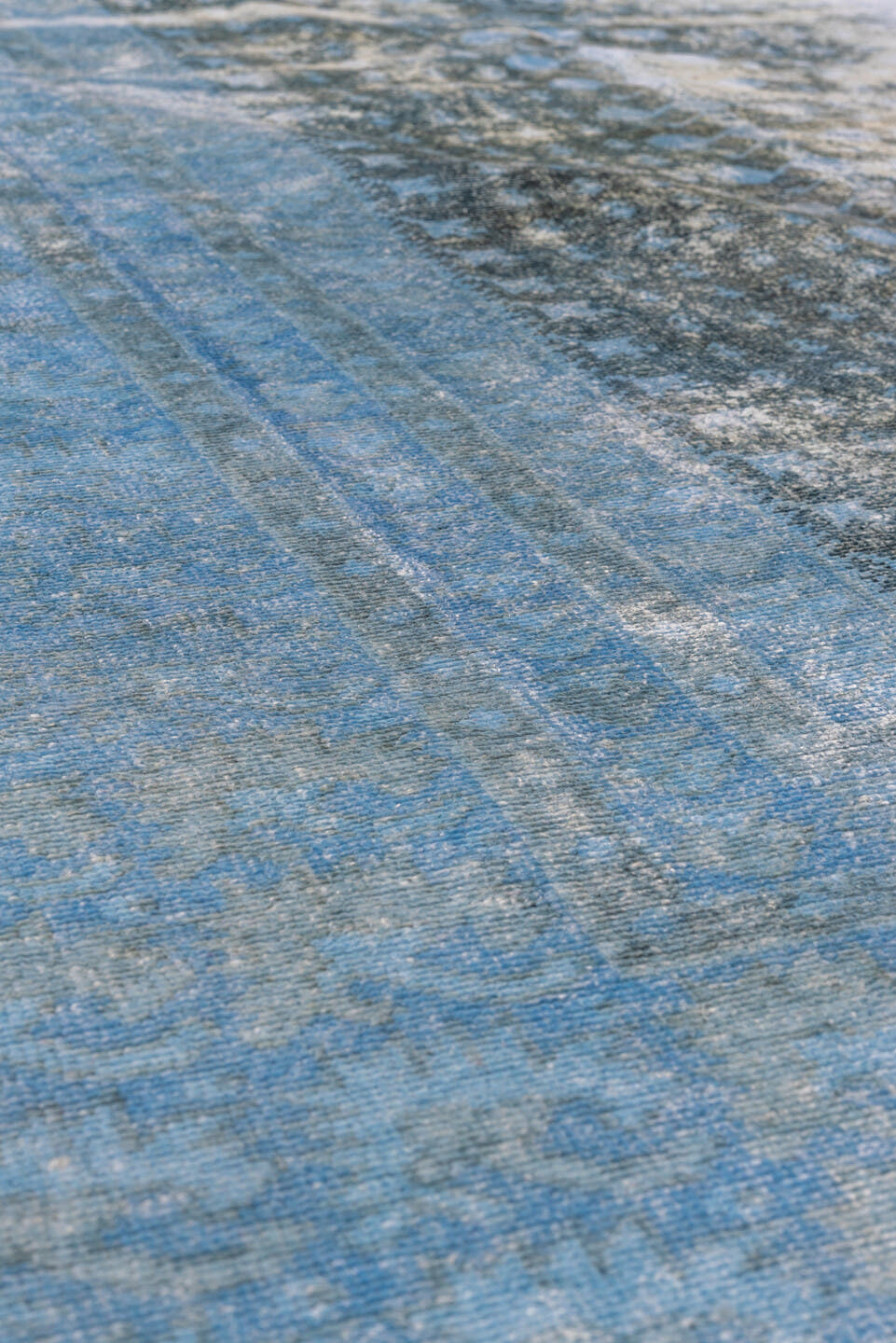 3' x 6' one-of-a-kind handmade antique Overdyed small size rug. Color palette: sky blue, aqua, slate, charcoal, light blue