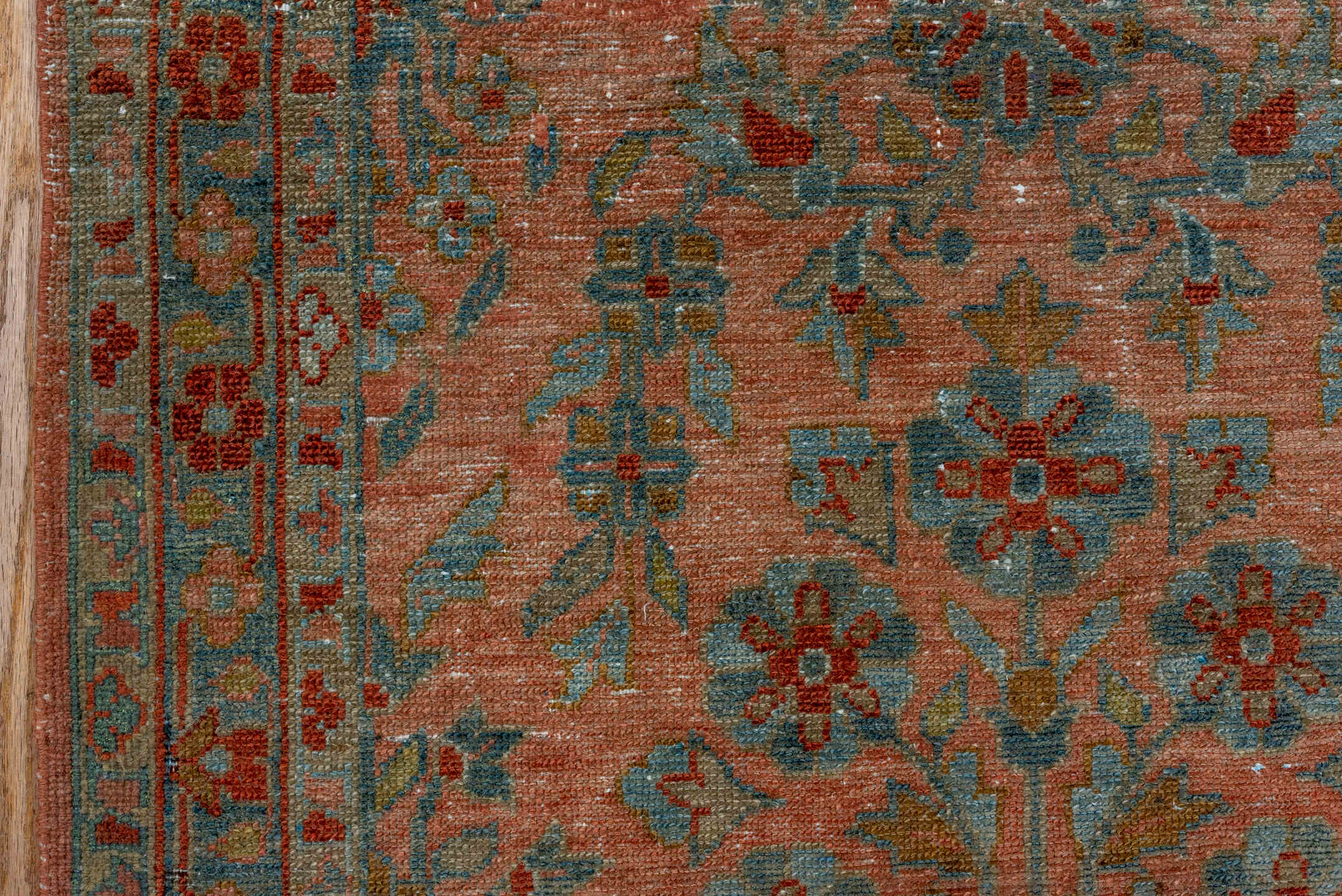 2' x 15' one-of-a-kind handmade antique Lilian runner rug. Color palette: rose, terra cotta, slate, sage, rust, ivory, pink
