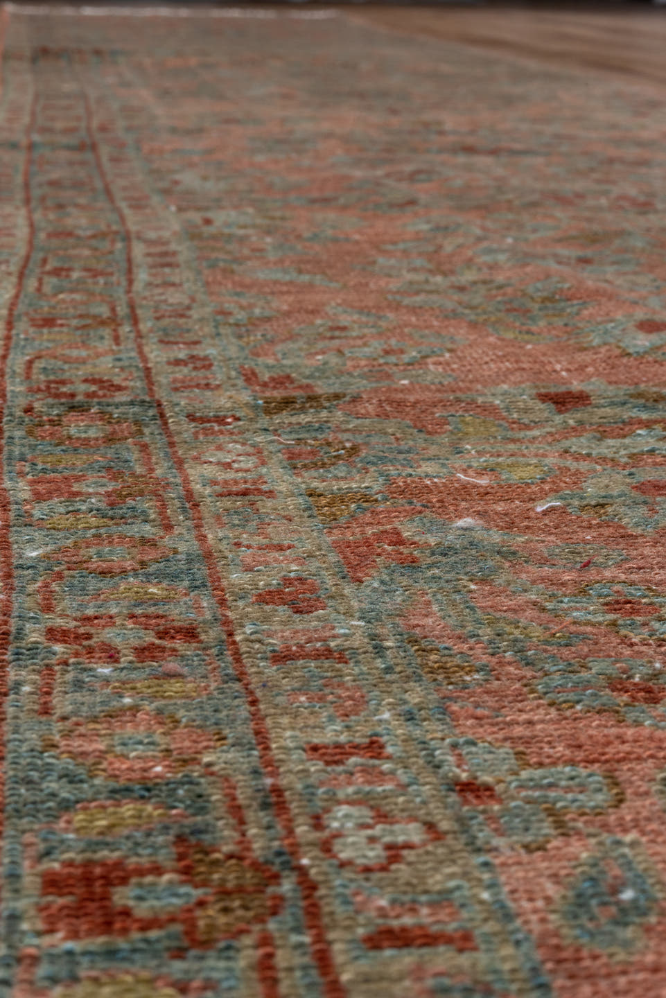 2' x 15' one-of-a-kind handmade antique Lilian runner rug. Color palette: rose, terra cotta, slate, sage, rust, ivory, pink