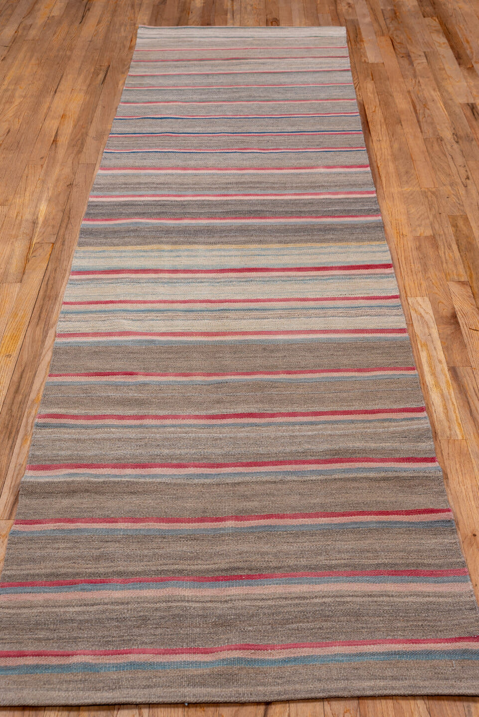 2' x 11' one-of-a-kind handmade vintage Kilim runner rug. Color palette: taupe, rose, ivory, slate, muted_blue, sage, beige