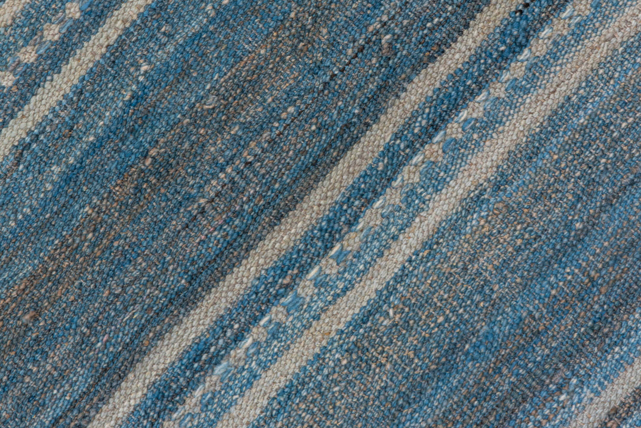 2' x 18' one-of-a-kind handmade vintage Kilim runner rug. Color palette: blue, ivory, taupe, slate, beige, gray