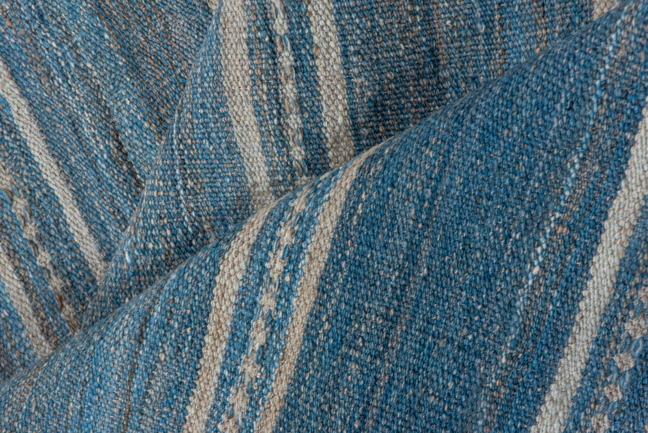 2' x 18' one-of-a-kind handmade vintage Kilim runner rug. Color palette: blue, ivory, taupe, slate, beige, gray