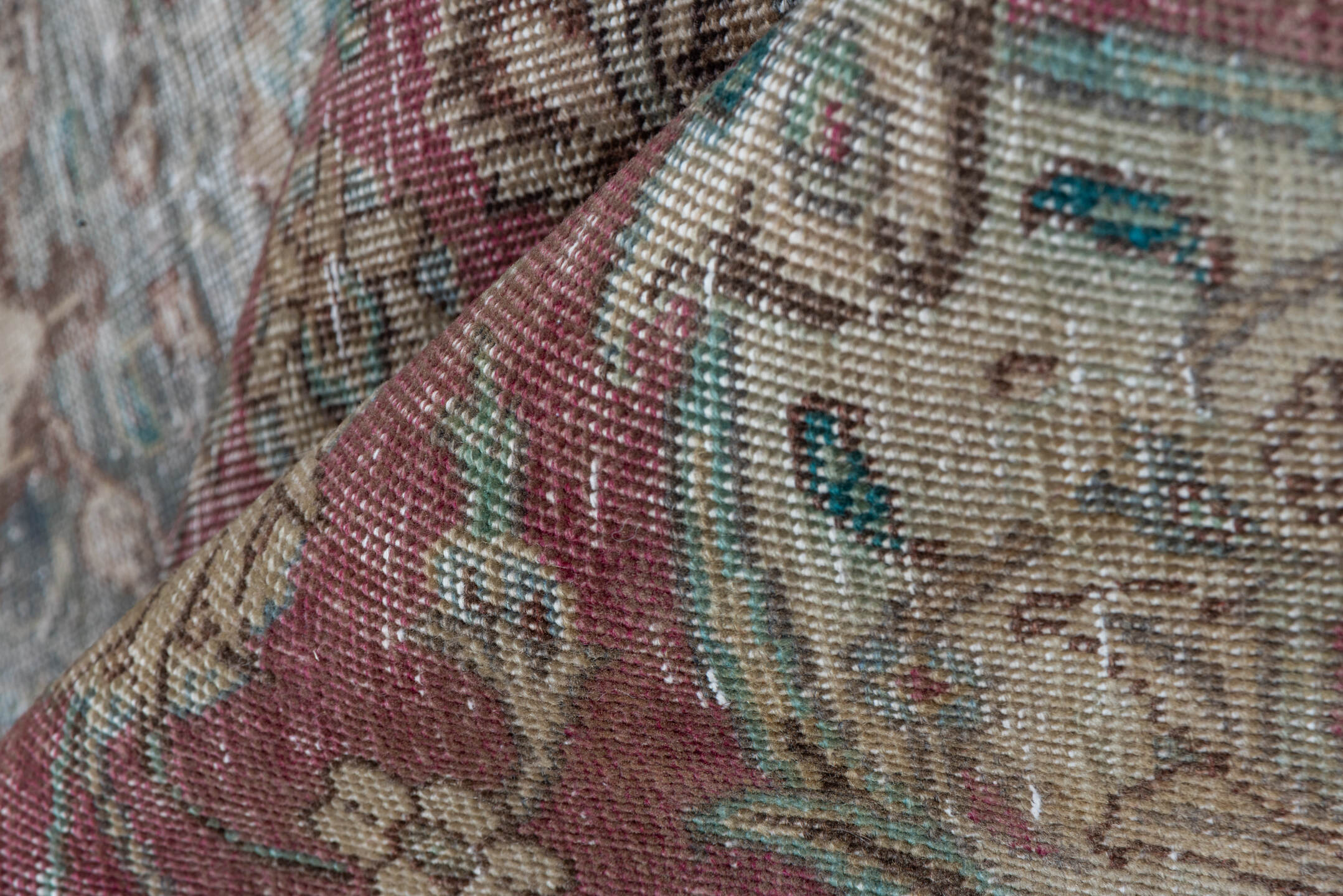 7' x 13' one-of-a-kind handmade vintage Distressed large size rug. Color palette: rose, ivory, taupe, slate, sage, charcoal