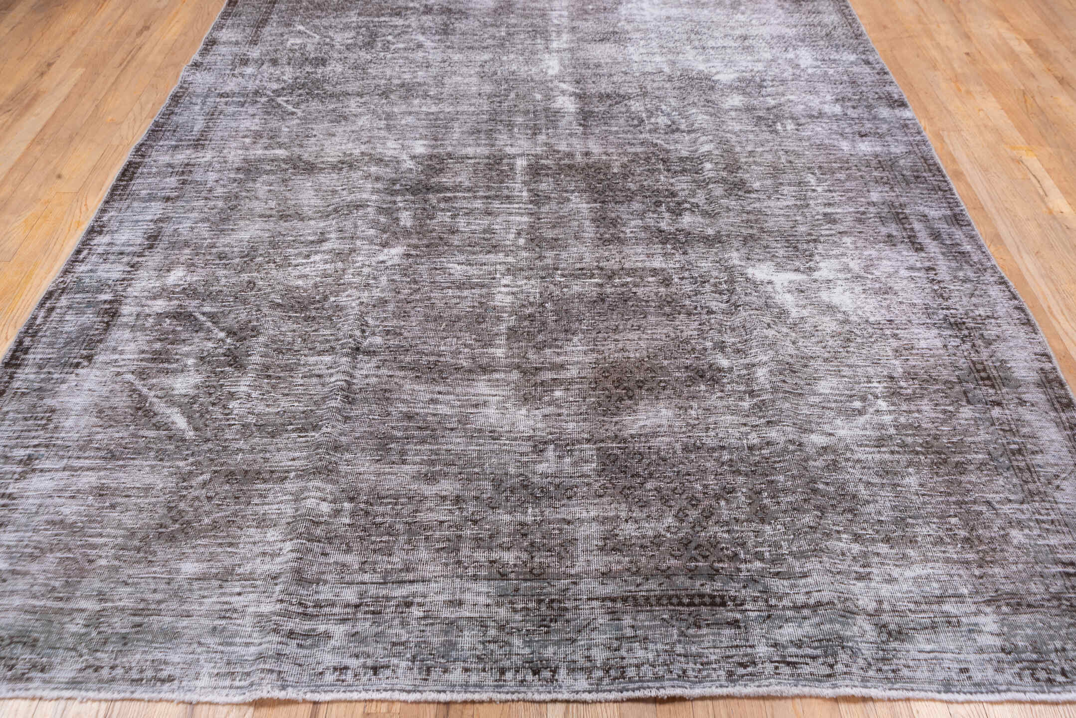 7' x 10' one-of-a-kind handmade vintage Mov large size rug. Color palette: black, dim gray, gray, light gray, off-white