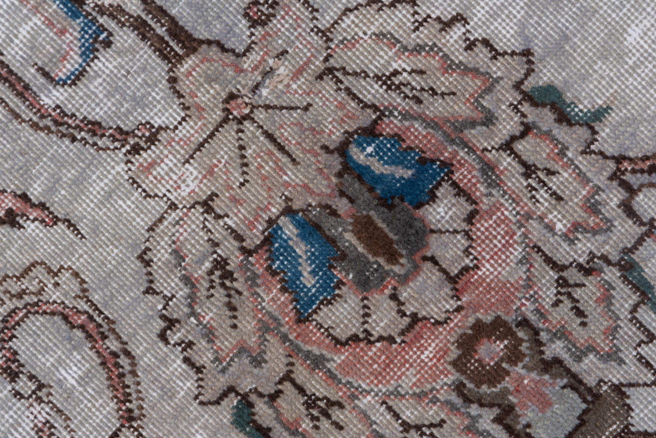 7' x 10' one-of-a-kind handmade vintage Mov large size rug. Color palette: ivory, taupe, brown, rose, sky_blue, slate