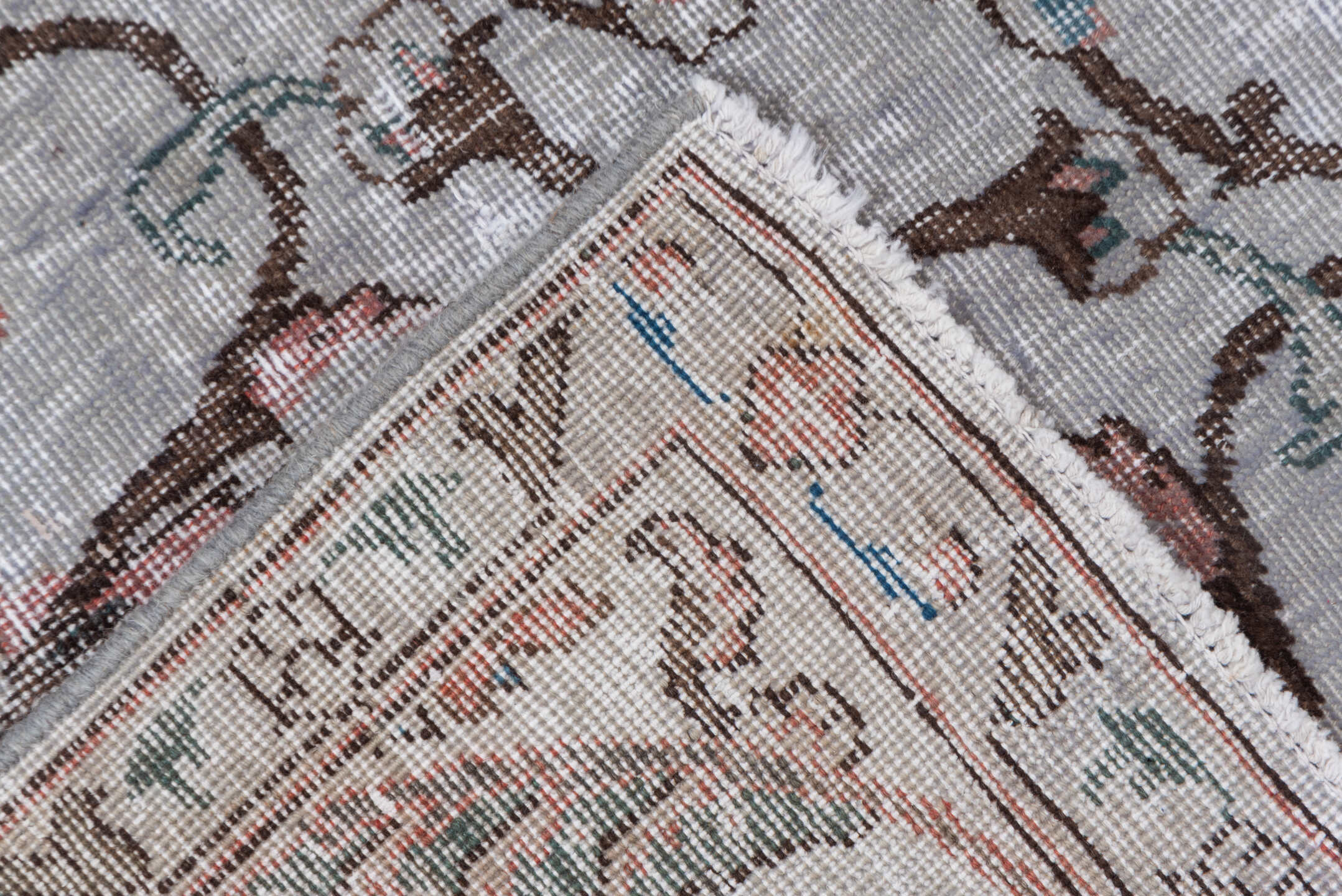 7' x 10' one-of-a-kind handmade vintage Mov large size rug. Color palette: ivory, taupe, brown, rose, sky_blue, slate
