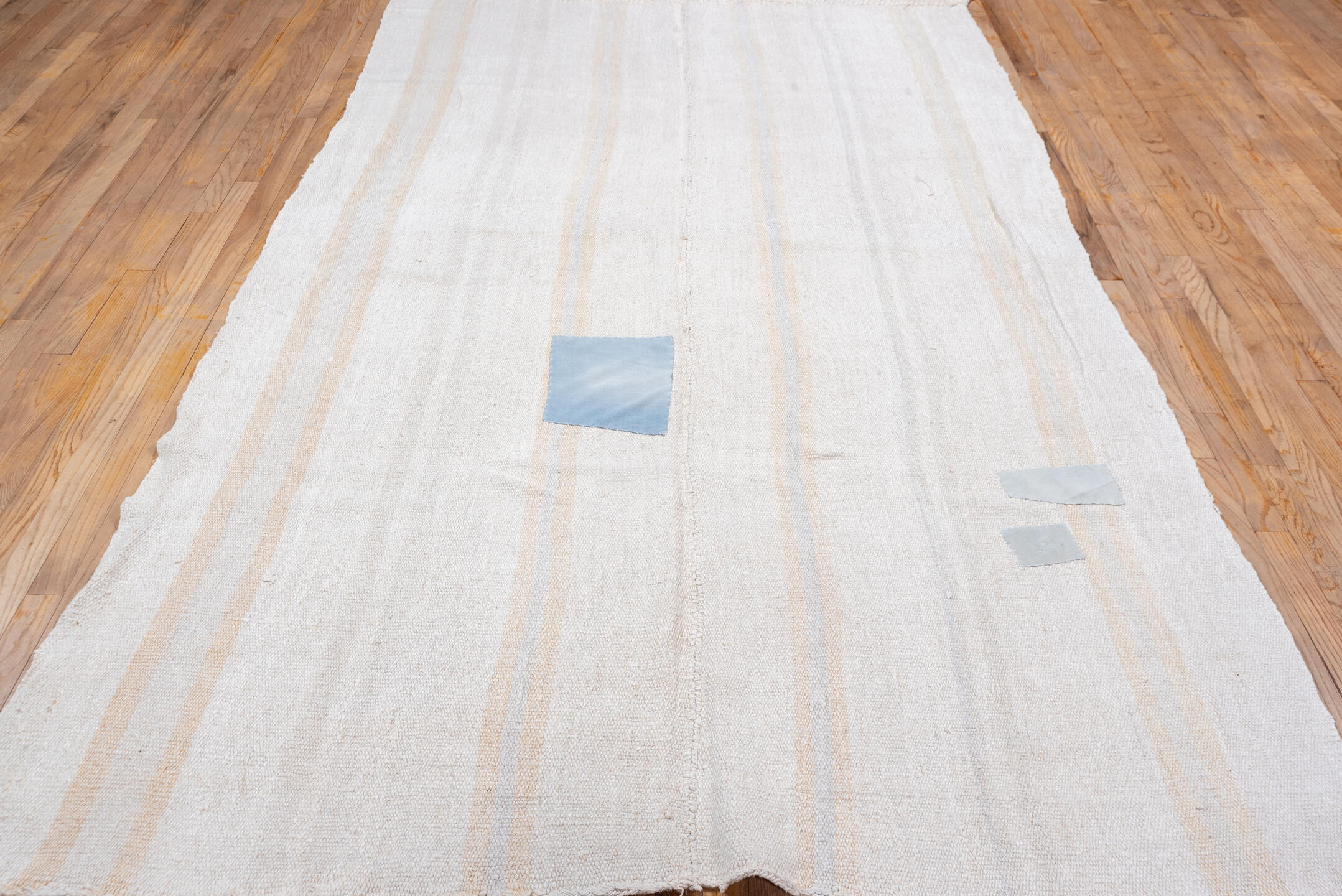 6' x 10' one-of-a-kind handmade vintage Hemp Kilim large size rug. Color palette: ivory, beige, pale blue, light gray