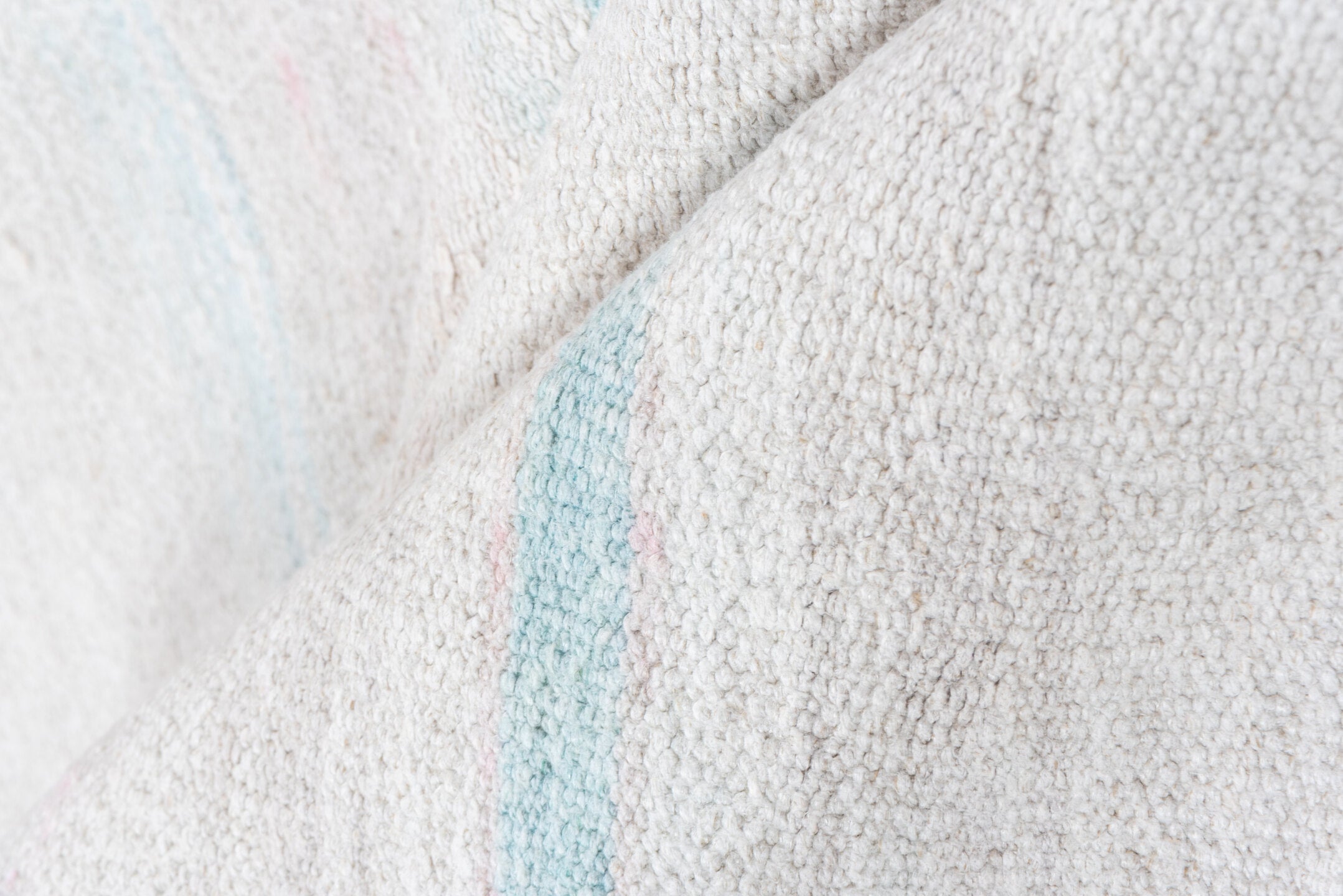 5' x 10' one-of-a-kind handmade vintage Hemp Kilim medium size rug. Color palette: ivory, pale aqua, blush, cream, taupe