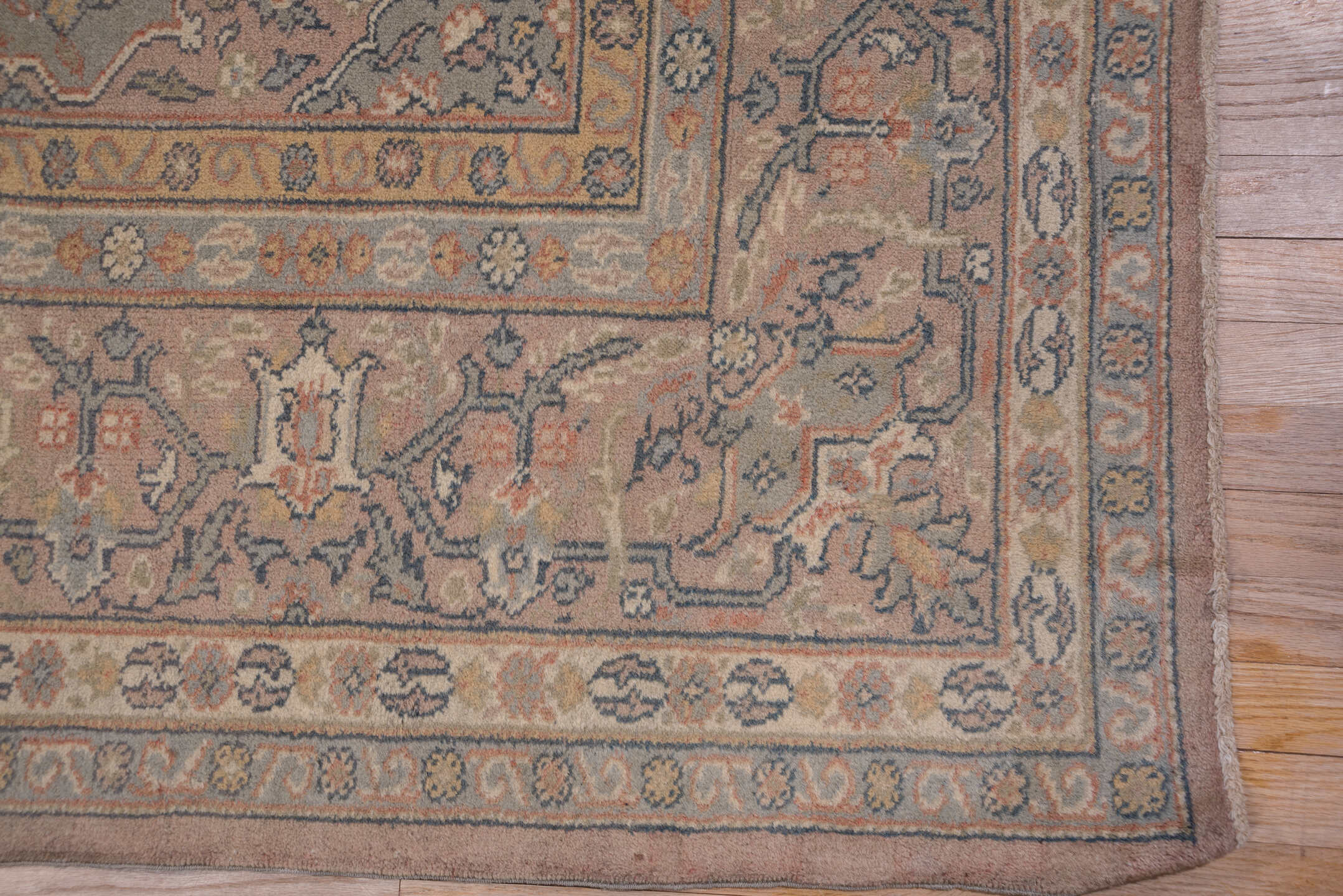10' x 13' one-of-a-kind handmade vintage Sivas large size rug. Color palette: ivory, taupe, rose, blue-gray, camel, slate