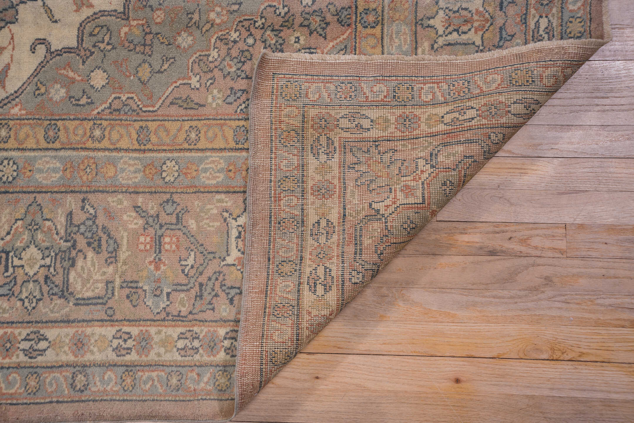 10' x 13' one-of-a-kind handmade vintage Sivas large size rug. Color palette: ivory, taupe, rose, blue-gray, camel, slate