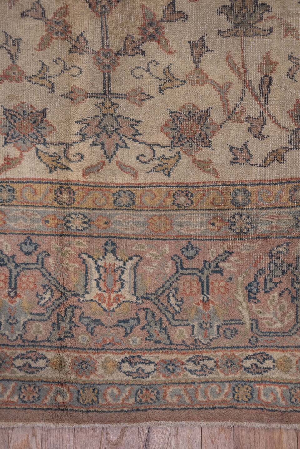 10' x 13' one-of-a-kind handmade vintage Sivas large size rug. Color palette: ivory, taupe, rose, blue-gray, camel, slate