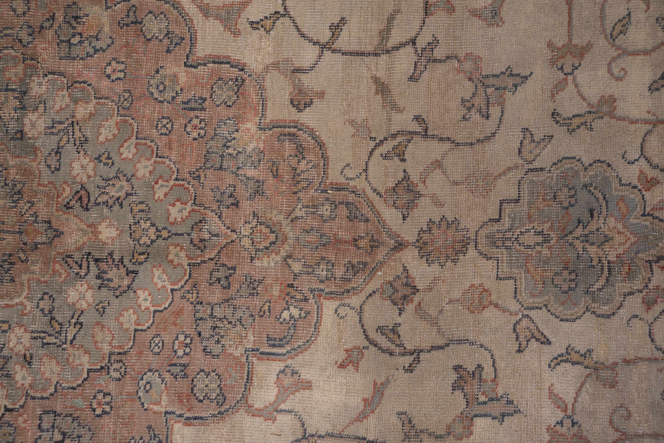 10' x 13' one-of-a-kind handmade vintage Sivas large size rug. Color palette: ivory, taupe, rose, blue-gray, camel, slate