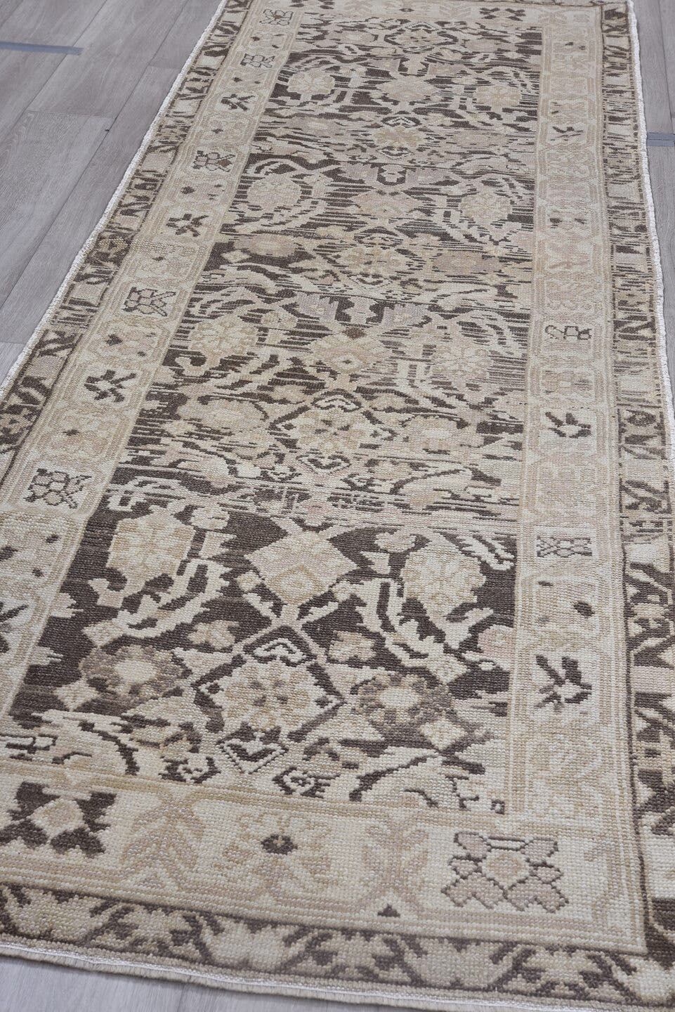 3' x 10' one-of-a-kind handmade vintage Malayer runner rug. Color palette: ivory, taupe, brown, charcoal, beige, gray, black