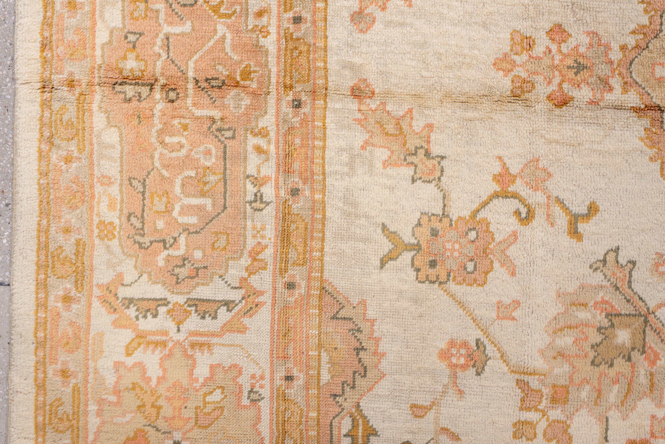 10' x 12' one-of-a-kind handmade antique Oushak large size rug. Color palette: ivory, peach, apricot, muted gold, taupe