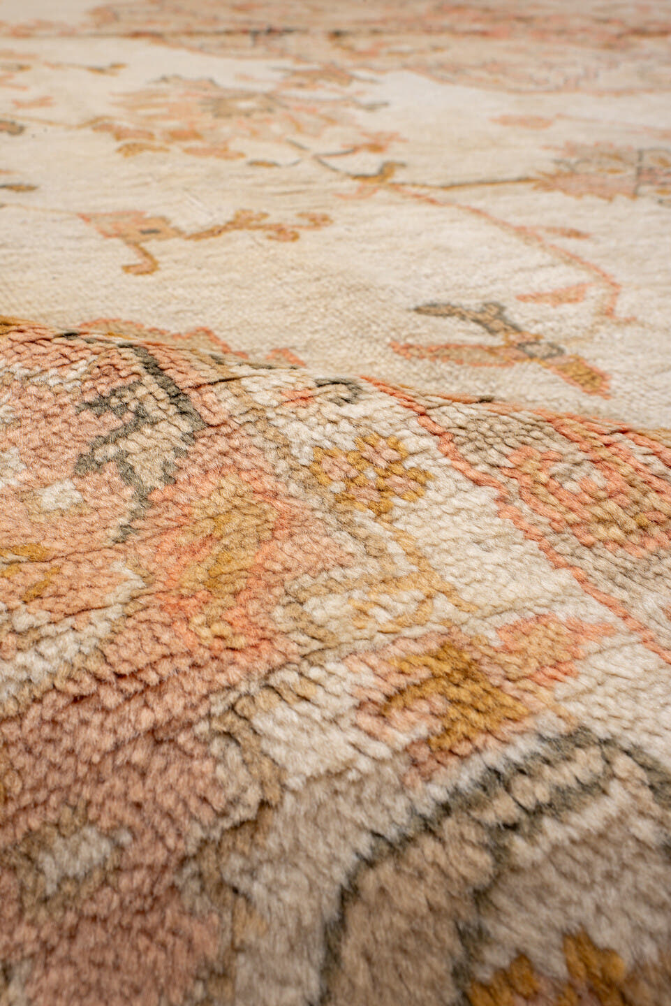 10' x 12' one-of-a-kind handmade antique Oushak large size rug. Color palette: ivory, peach, apricot, muted gold, taupe