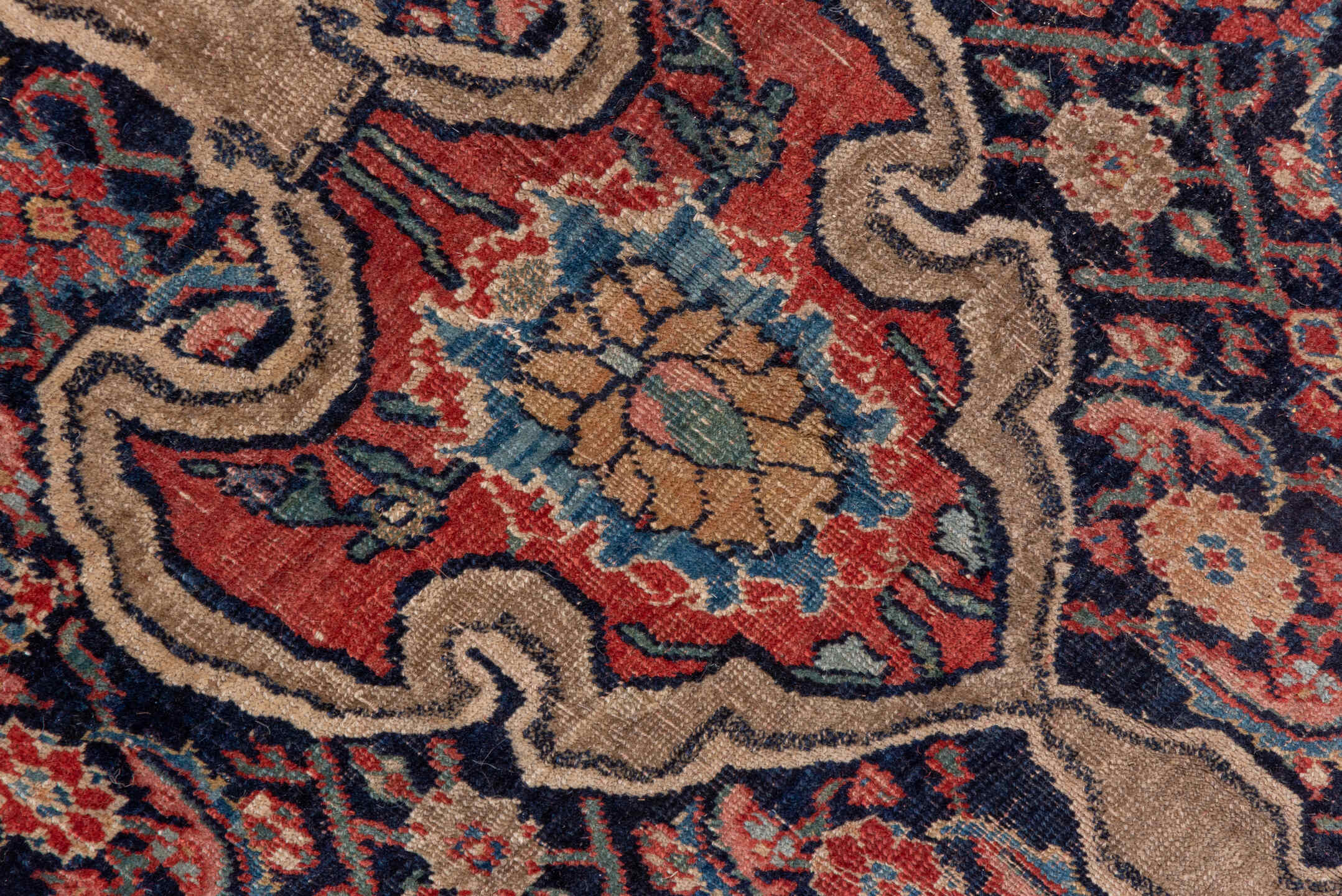 11' x 18' one-of-a-kind handmade antique Bidjar oversize rug. Color palette: navy, rust, ivory, soft blue, red, sage, camel