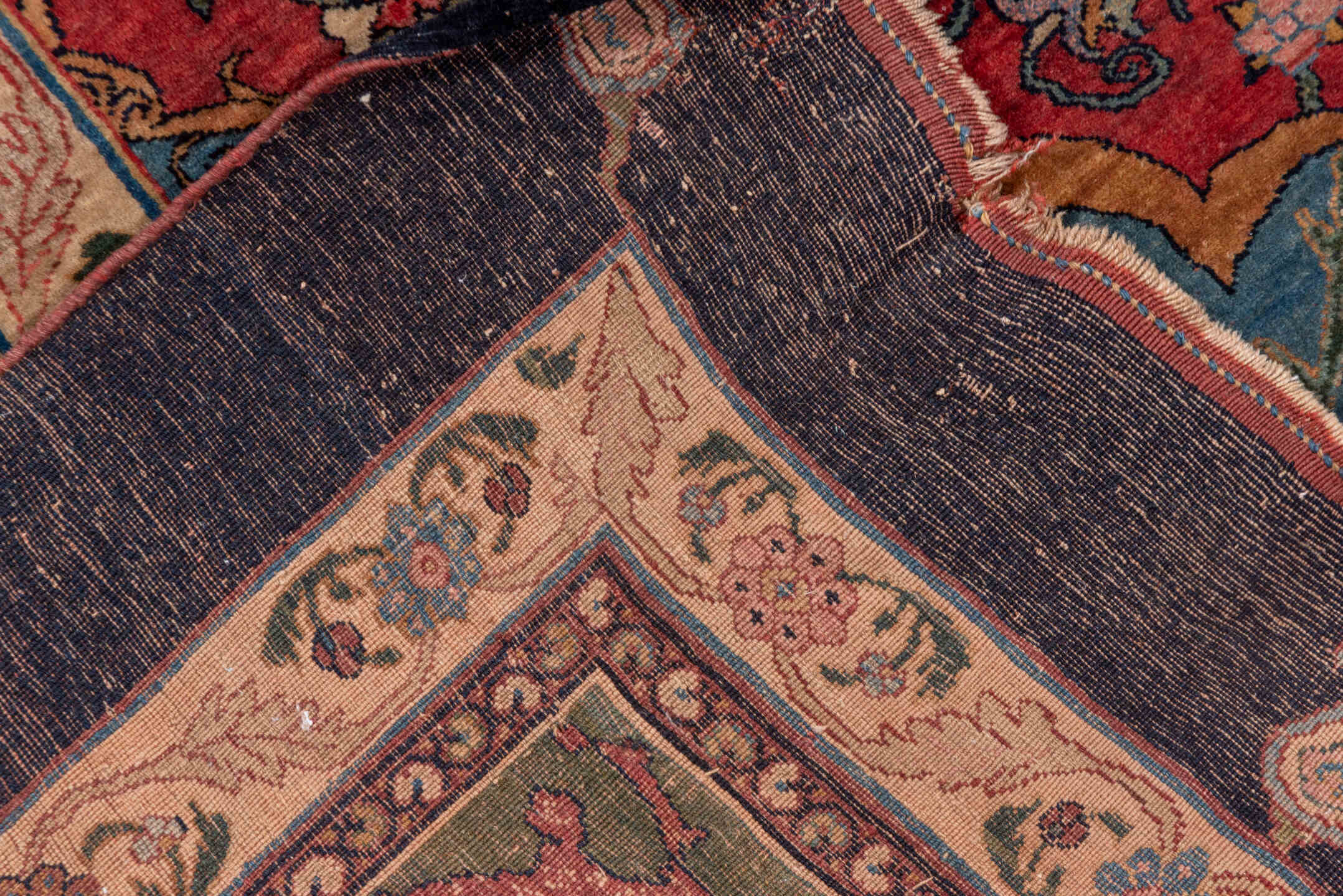 11' x 18' one-of-a-kind handmade antique Bidjar oversize rug. Color palette: navy, rust, ivory, soft blue, red, sage, camel