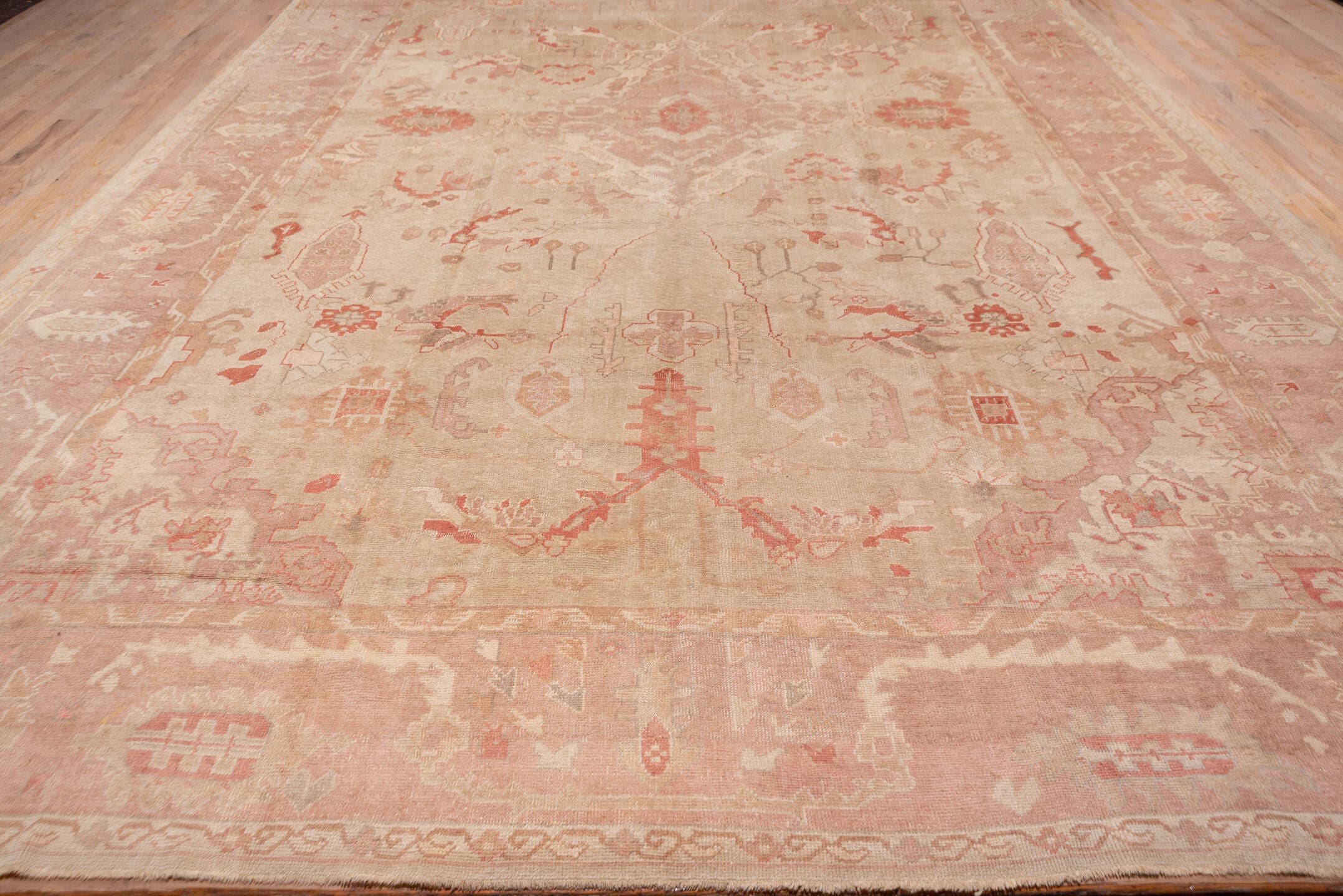12' x 19' one-of-a-kind handmade antique Oushak oversize rug. Color palette: ivory, blush, rose, apricot, muted gold, beige