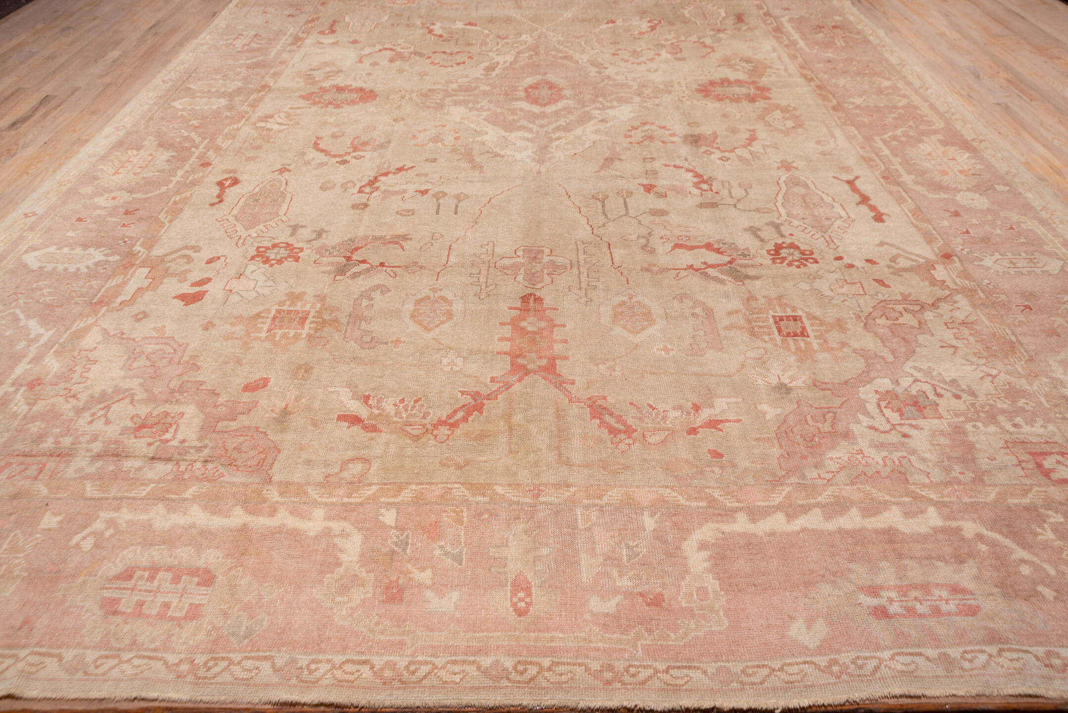 12' x 19' one-of-a-kind handmade antique Oushak oversize rug. Color palette: ivory, blush, rose, apricot, muted gold, beige