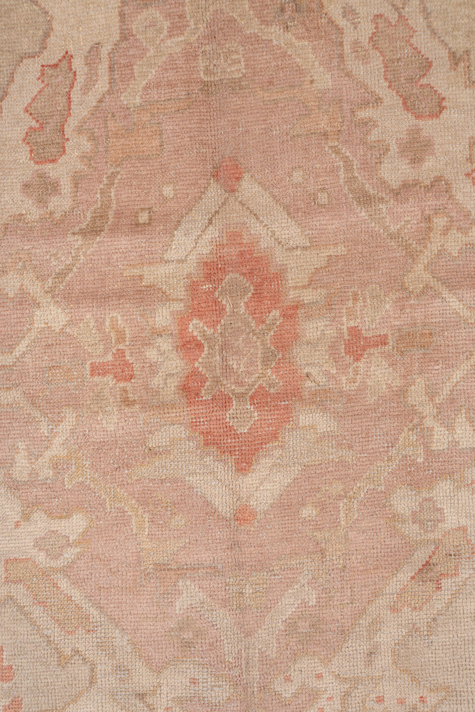 12' x 19' one-of-a-kind handmade antique Oushak oversize rug. Color palette: ivory, blush, rose, apricot, muted gold, beige