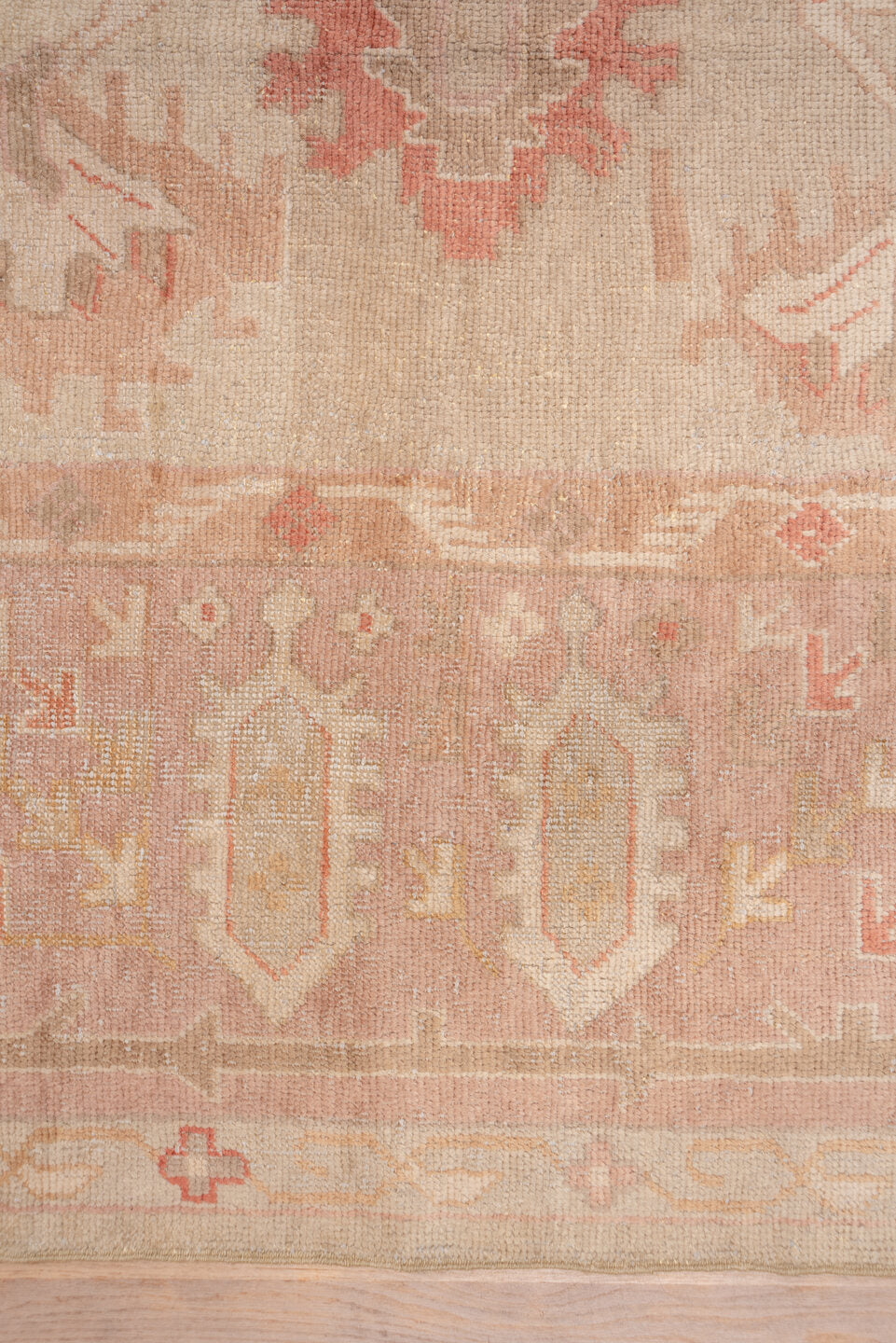 12' x 19' one-of-a-kind handmade antique Oushak oversize rug. Color palette: ivory, blush, rose, apricot, muted gold, beige