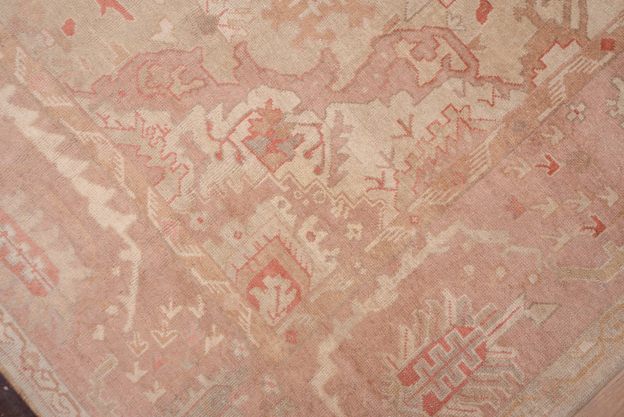12' x 19' one-of-a-kind handmade antique Oushak oversize rug. Color palette: ivory, blush, rose, apricot, muted gold, beige