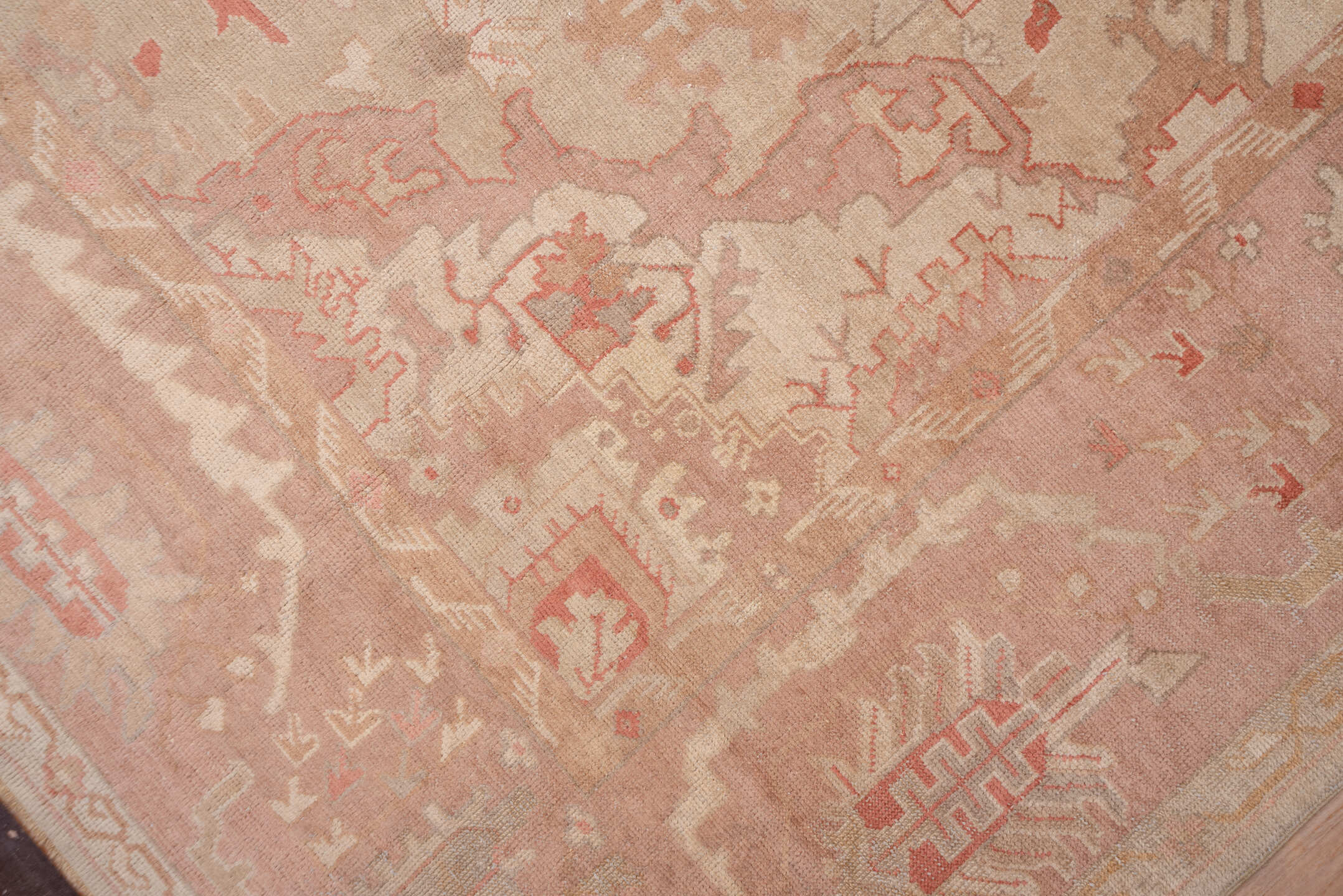 12' x 19' one-of-a-kind handmade antique Oushak oversize rug. Color palette: ivory, blush, rose, apricot, muted gold, beige