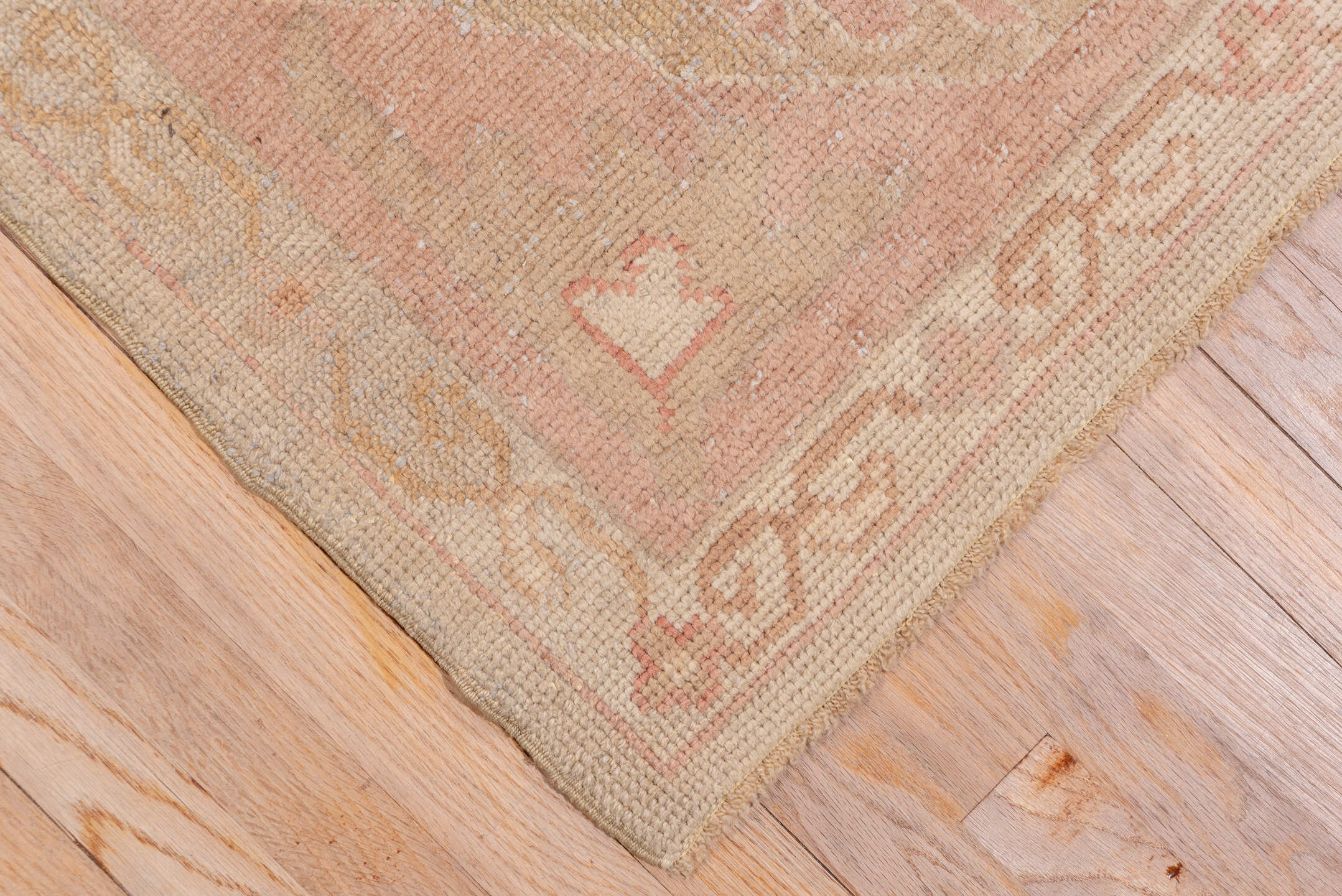 12' x 19' one-of-a-kind handmade antique Oushak oversize rug. Color palette: ivory, blush, rose, apricot, muted gold, beige