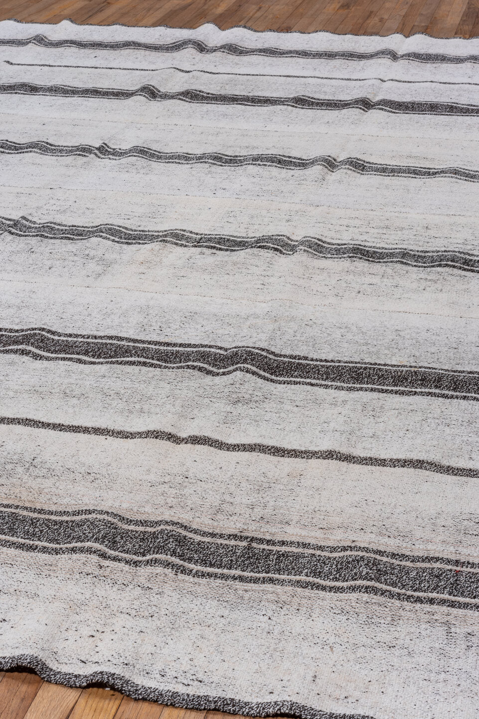 9' x 11' one-of-a-kind handmade vintage Flatweave large size rug. Color palette: ivory, charcoal, gray, black