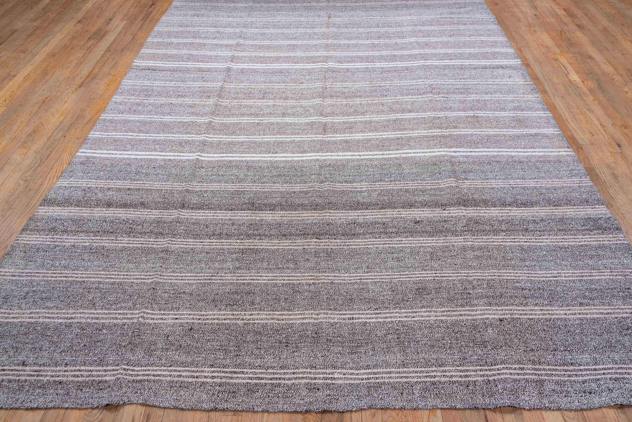 7' x 13' one-of-a-kind handmade vintage Flatweave large size rug. Color palette: gray, ivory, taupe, beige