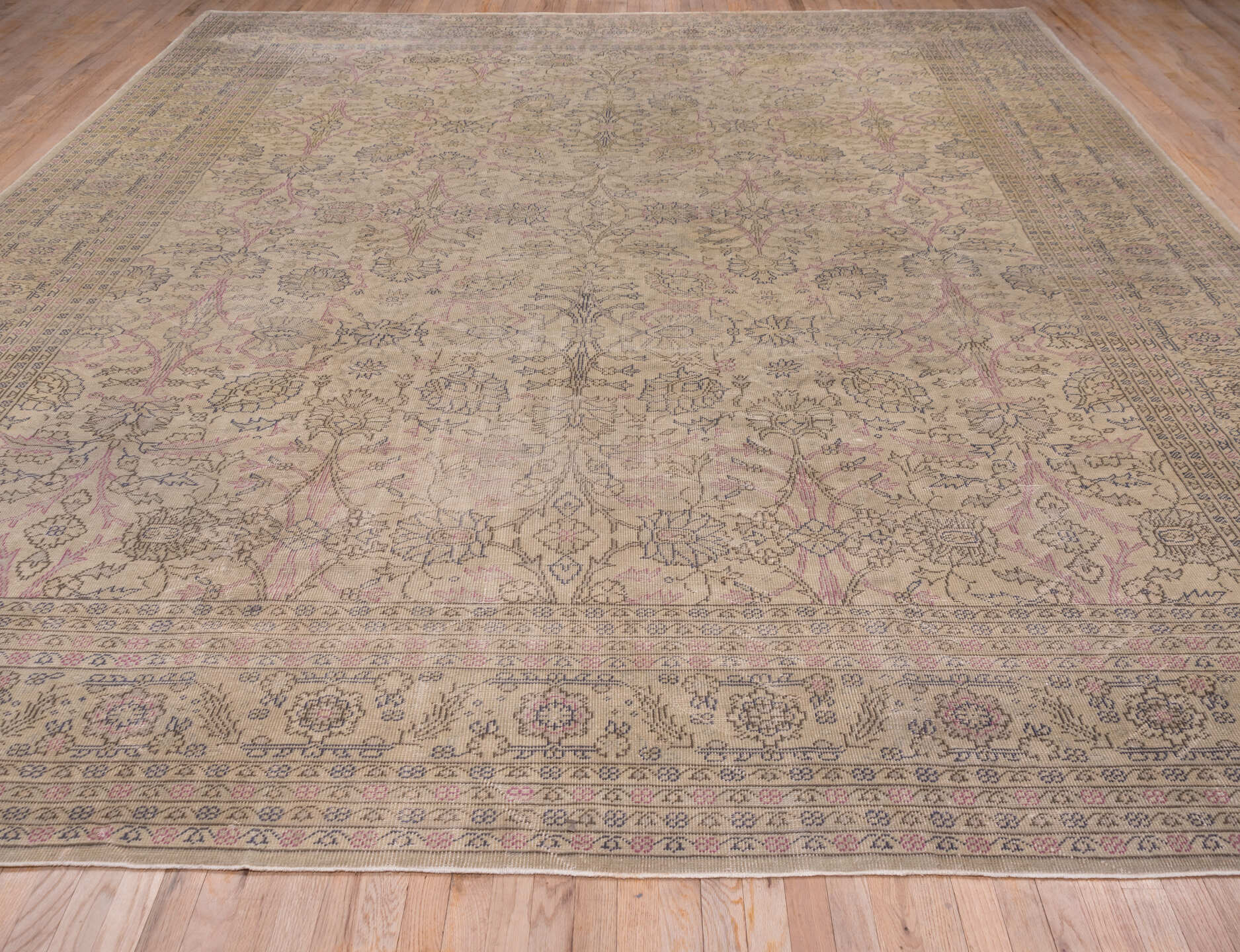 12' x 14' one-of-a-kind handmade antique Sivas oversize rug. Color palette: ivory, taupe, rose, slate, beige, gray, pink