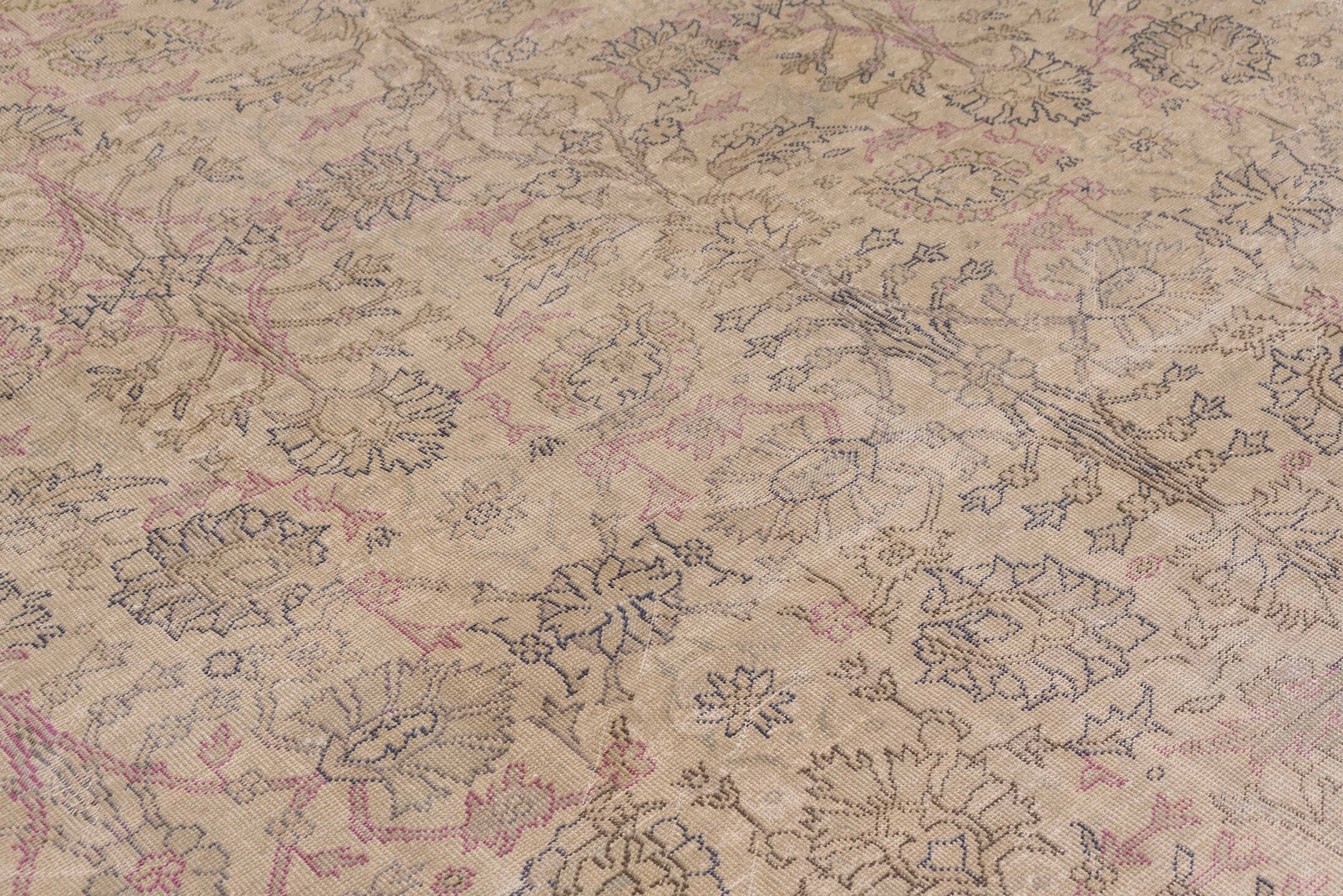 12' x 14' one-of-a-kind handmade antique Sivas oversize rug. Color palette: ivory, taupe, rose, slate, beige, gray, pink