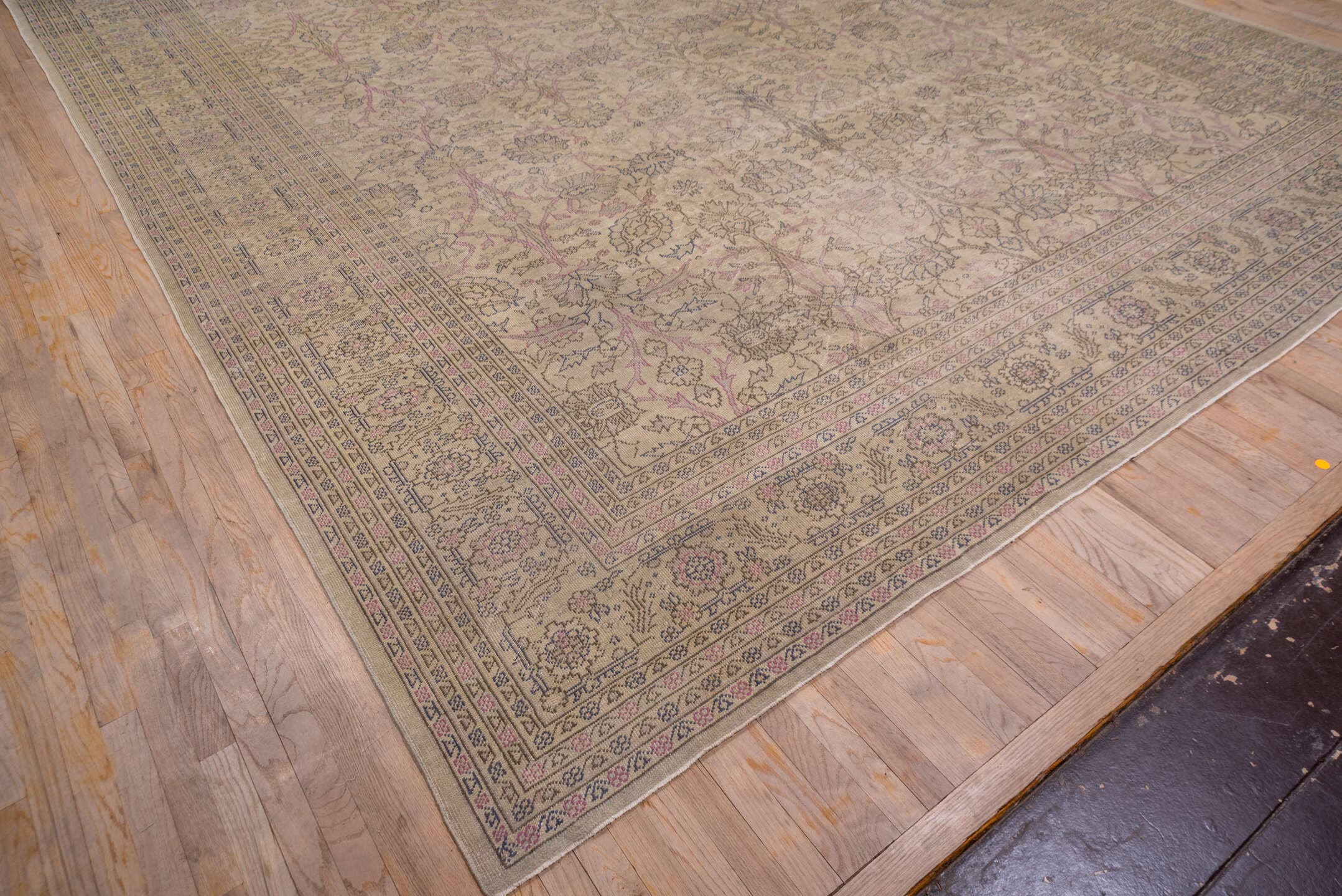 12' x 14' one-of-a-kind handmade antique Sivas oversize rug. Color palette: ivory, taupe, blush, muted blue, beige