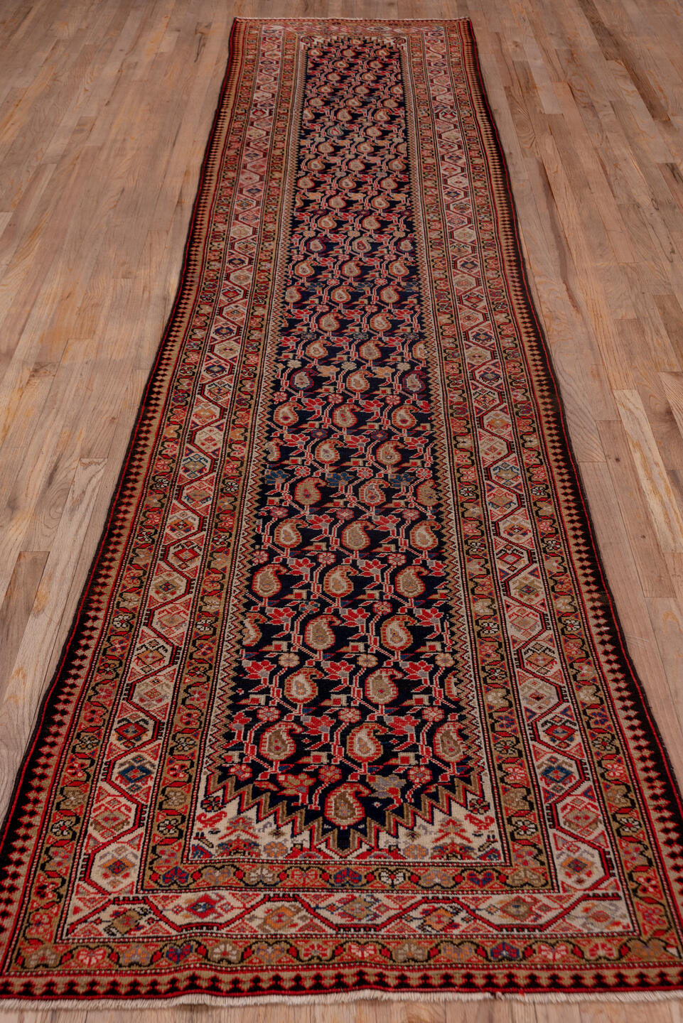 3' x 13' one-of-a-kind handmade vintage Malayer runner rug. Color palette: brown, gray, pink, red