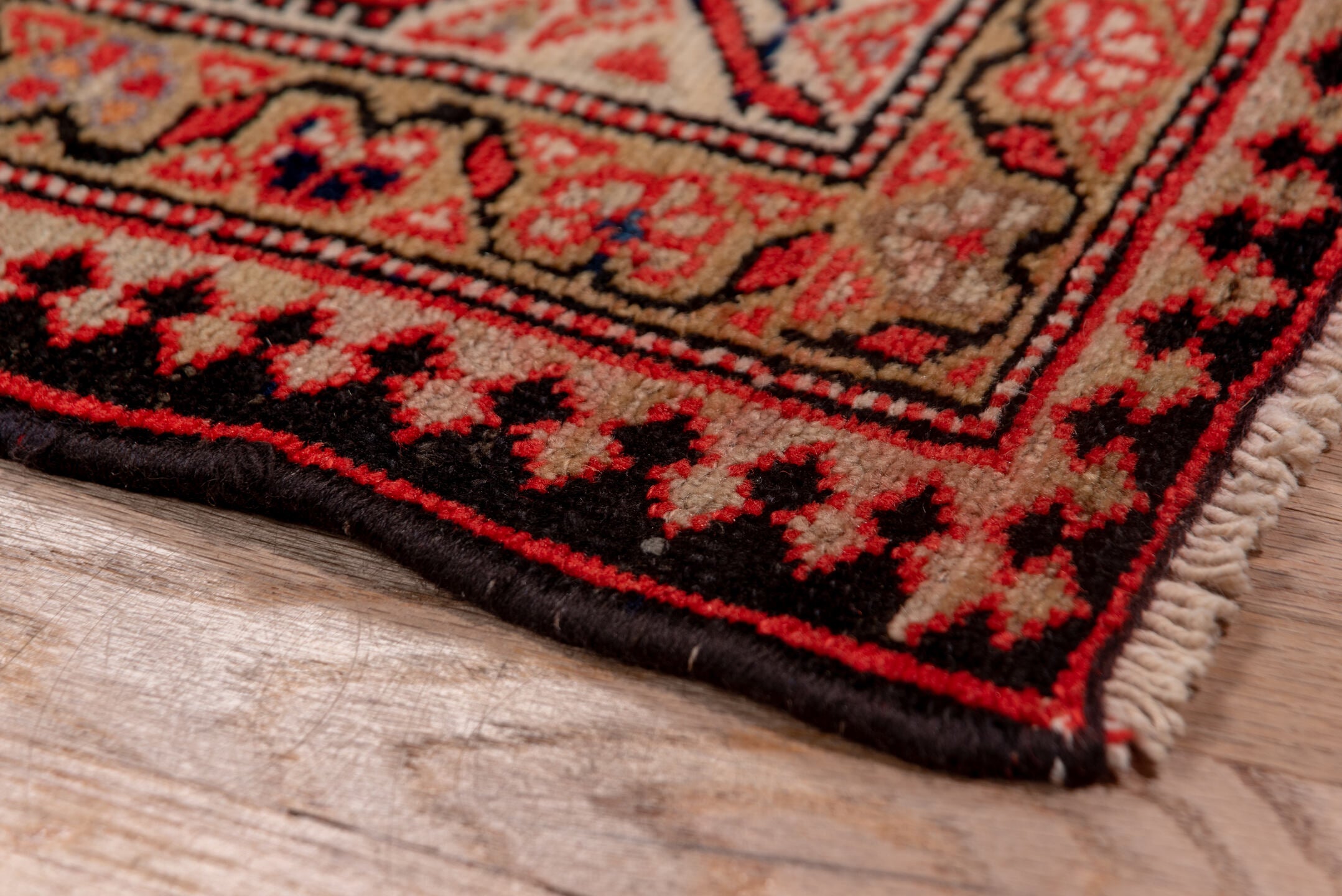 3' x 13' one-of-a-kind handmade vintage Malayer runner rug. Color palette: brown, gray, pink, red