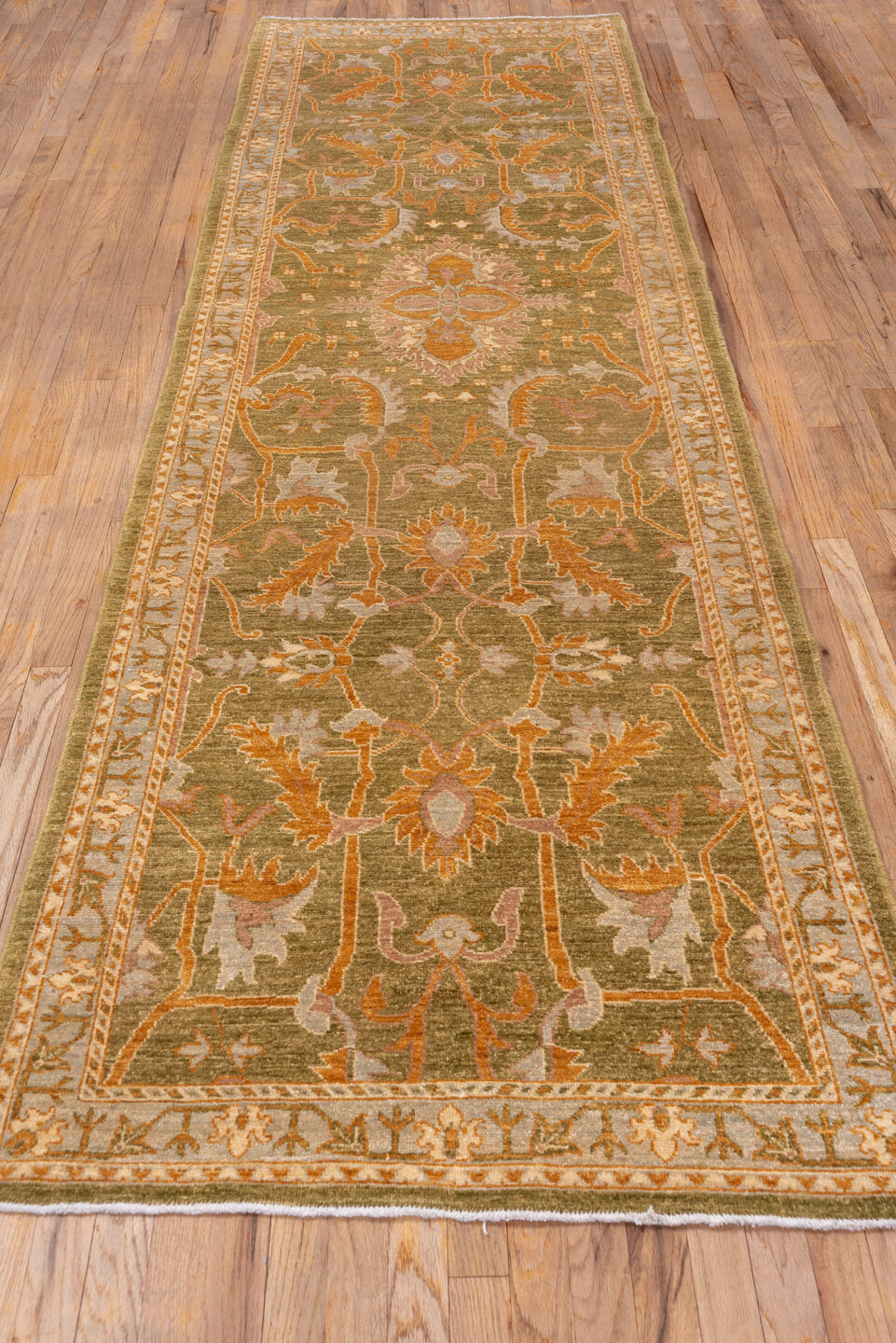 3' x 11' one-of-a-kind handmade vintage Oushak runner rug. Color palette: brown, gray, off-white, orange, pink, snow, white