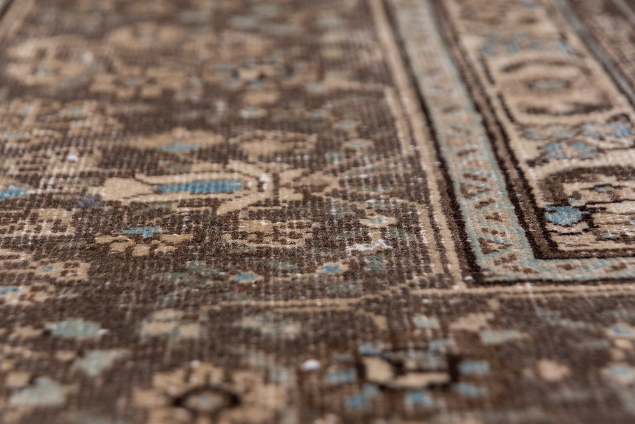 8' x 10' one-of-a-kind handmade antique Sivas large size rug. Color palette: brown, taupe, ivory, slate, pale blue, charcoal