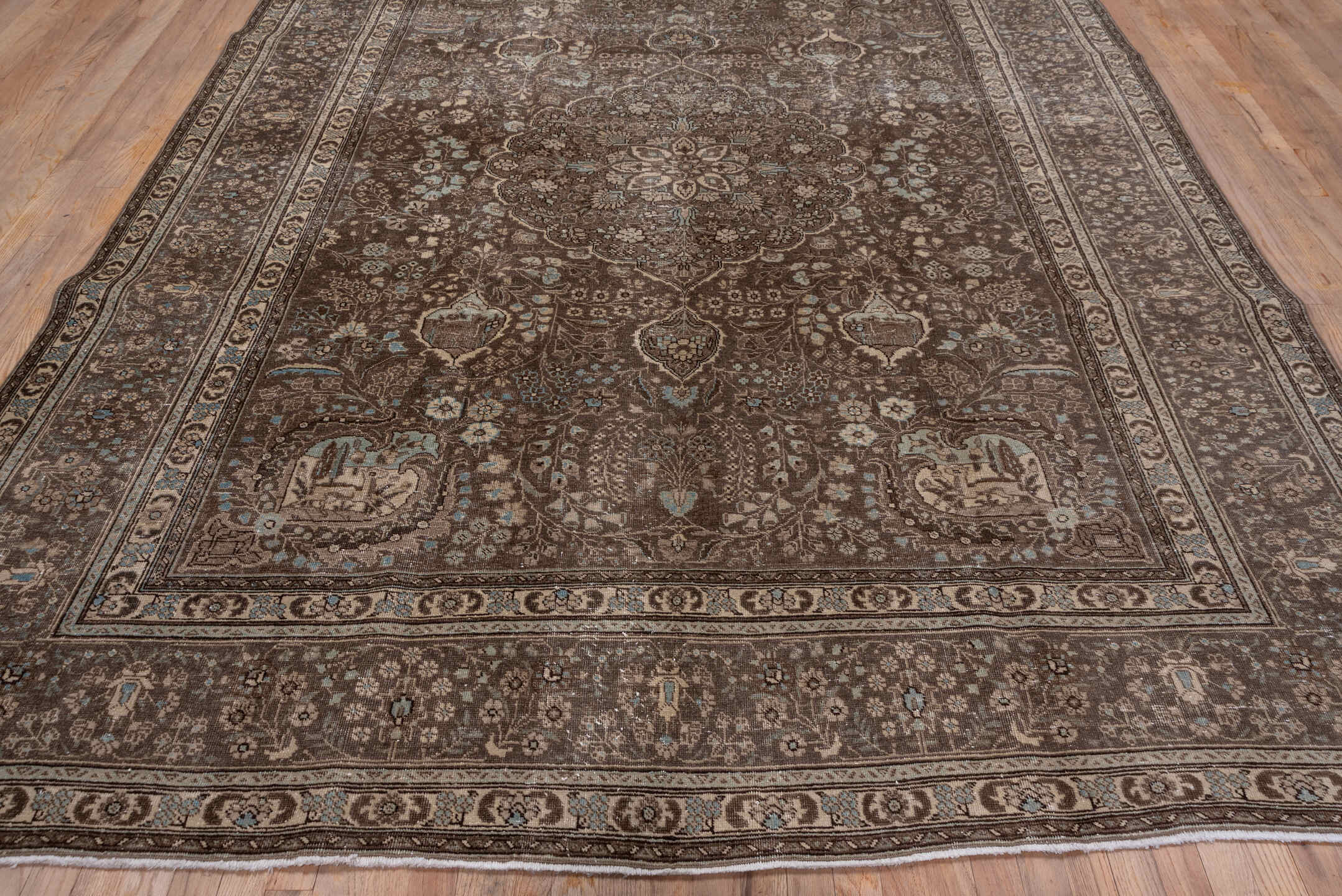8' x 10' one-of-a-kind handmade antique Sivas large size rug. Color palette: brown, taupe, ivory, slate, pale blue, charcoal