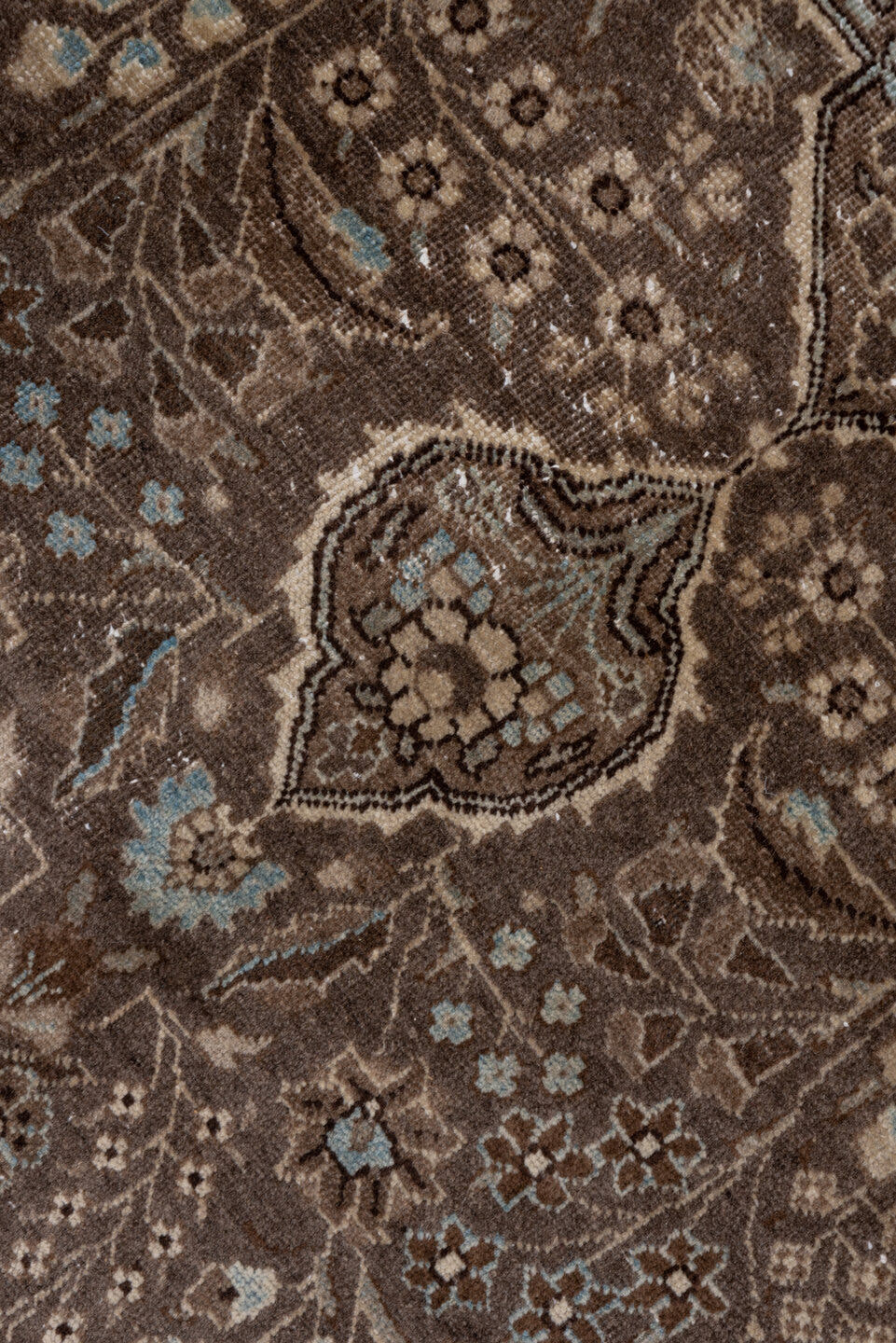 8' x 10' one-of-a-kind handmade antique Sivas large size rug. Color palette: brown, taupe, ivory, slate, pale blue, charcoal