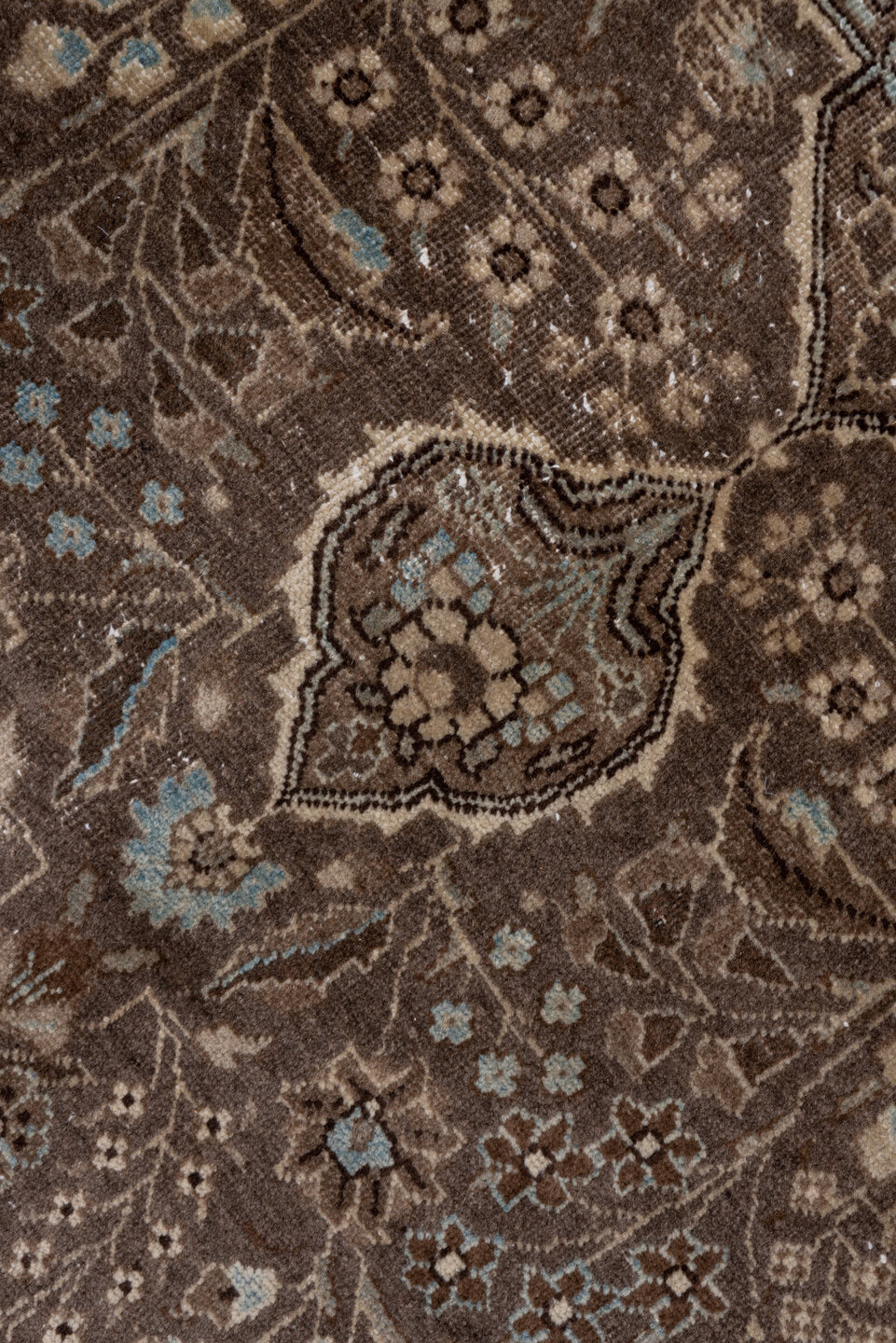 8' x 10' one-of-a-kind handmade antique Sivas large size rug. Color palette: brown, taupe, ivory, slate, pale blue, charcoal