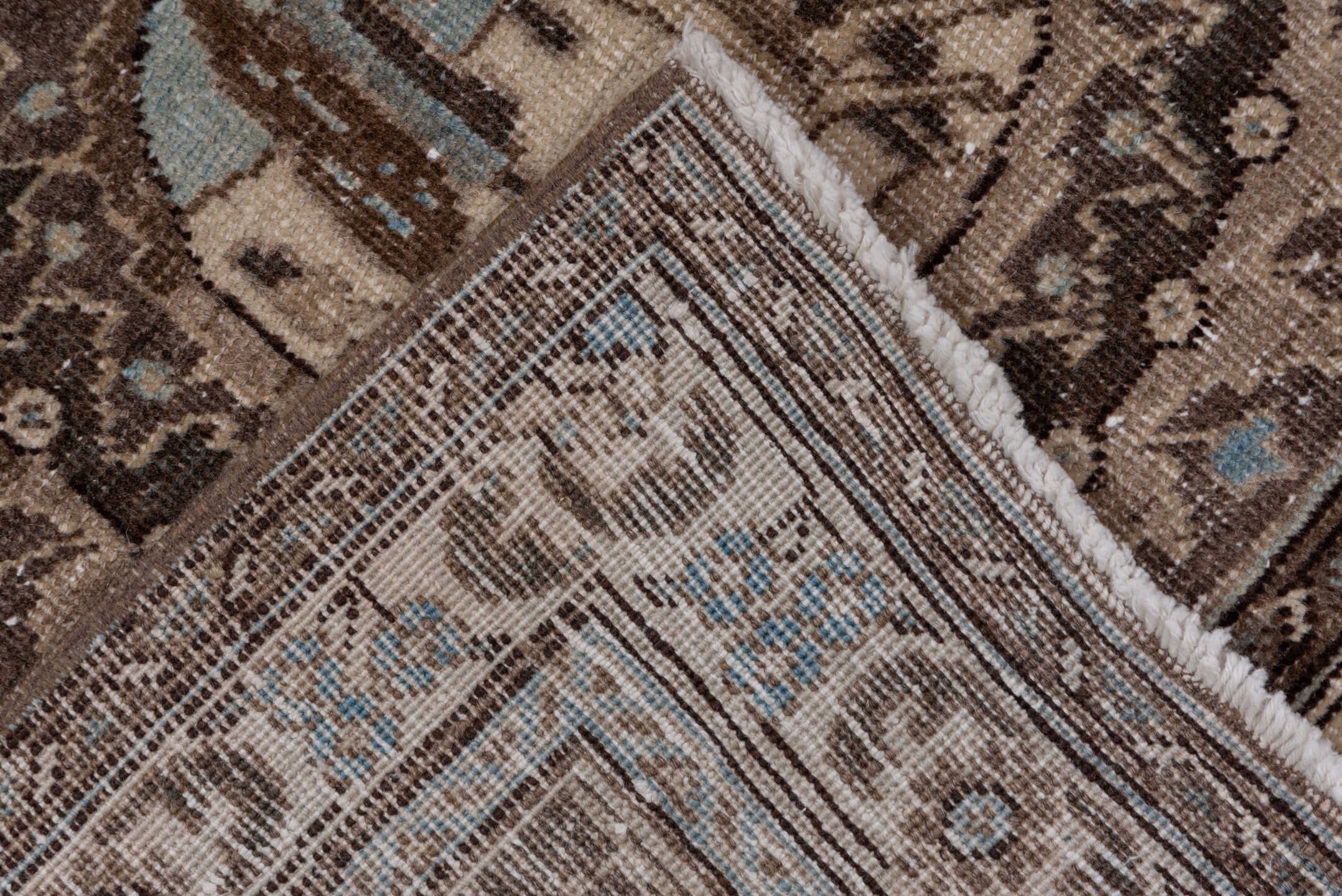 8' x 10' one-of-a-kind handmade antique Sivas large size rug. Color palette: brown, taupe, ivory, slate, pale blue, charcoal