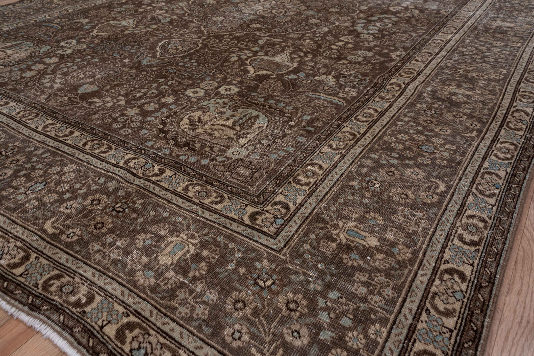 8' x 10' one-of-a-kind handmade antique Sivas large size rug. Color palette: brown, taupe, ivory, slate, pale blue, charcoal