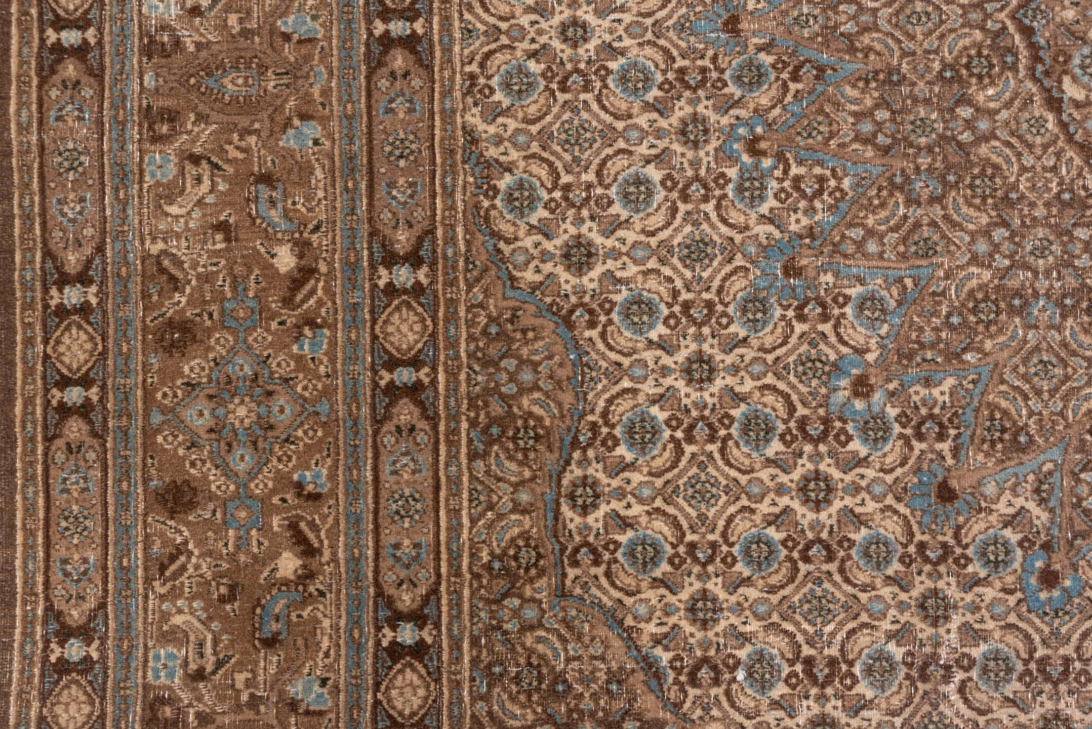 6' x 9' one-of-a-kind handmade antique Tabriz medium size rug. Color palette: taupe, camel, brown, ivory, pale_blue, beige
