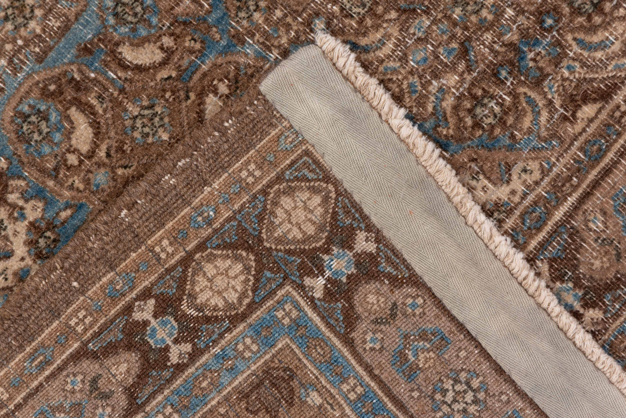 6' x 9' one-of-a-kind handmade antique Tabriz medium size rug. Color palette: taupe, camel, brown, ivory, pale_blue, beige