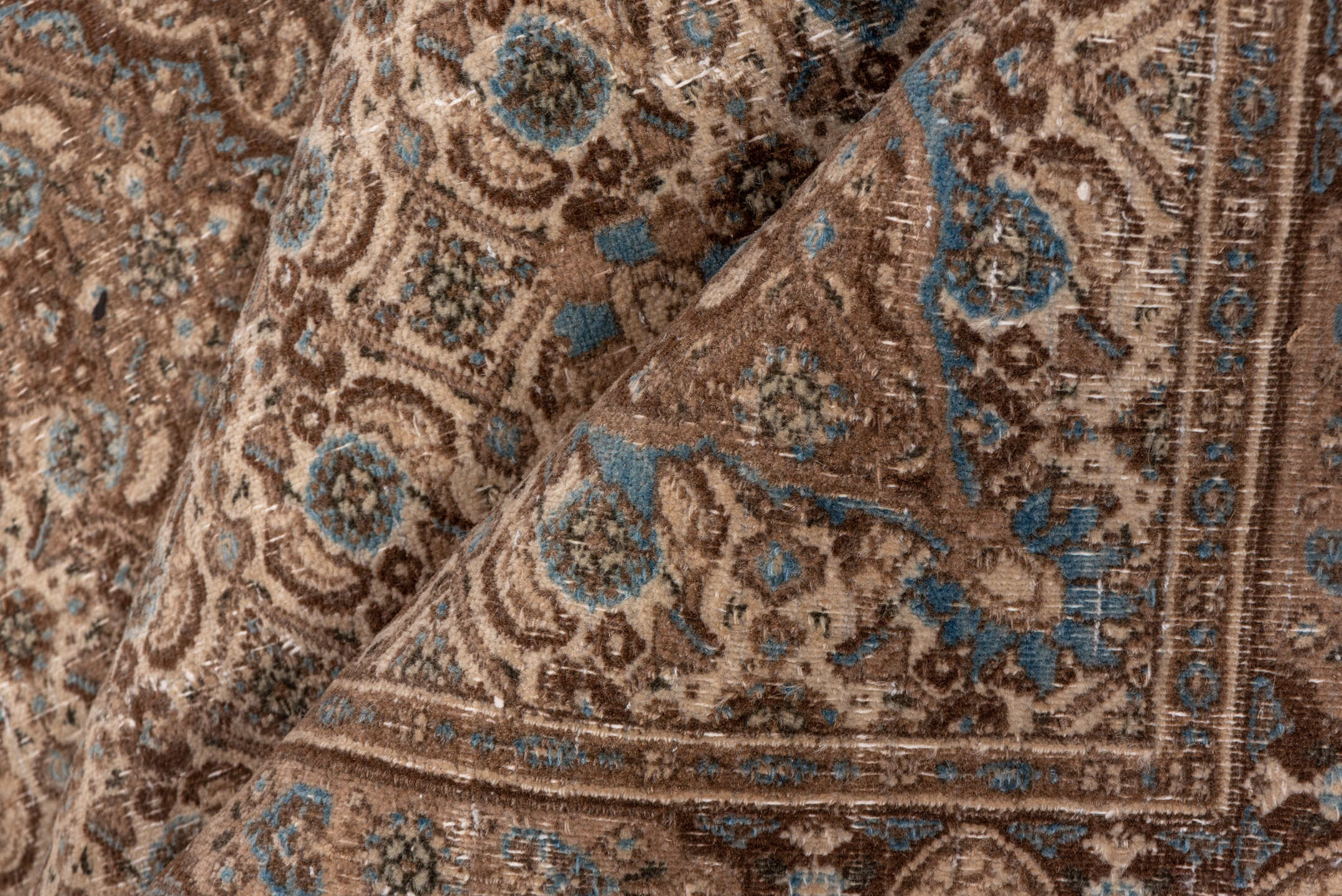 6' x 9' one-of-a-kind handmade antique Tabriz medium size rug. Color palette: taupe, camel, brown, ivory, pale_blue, beige