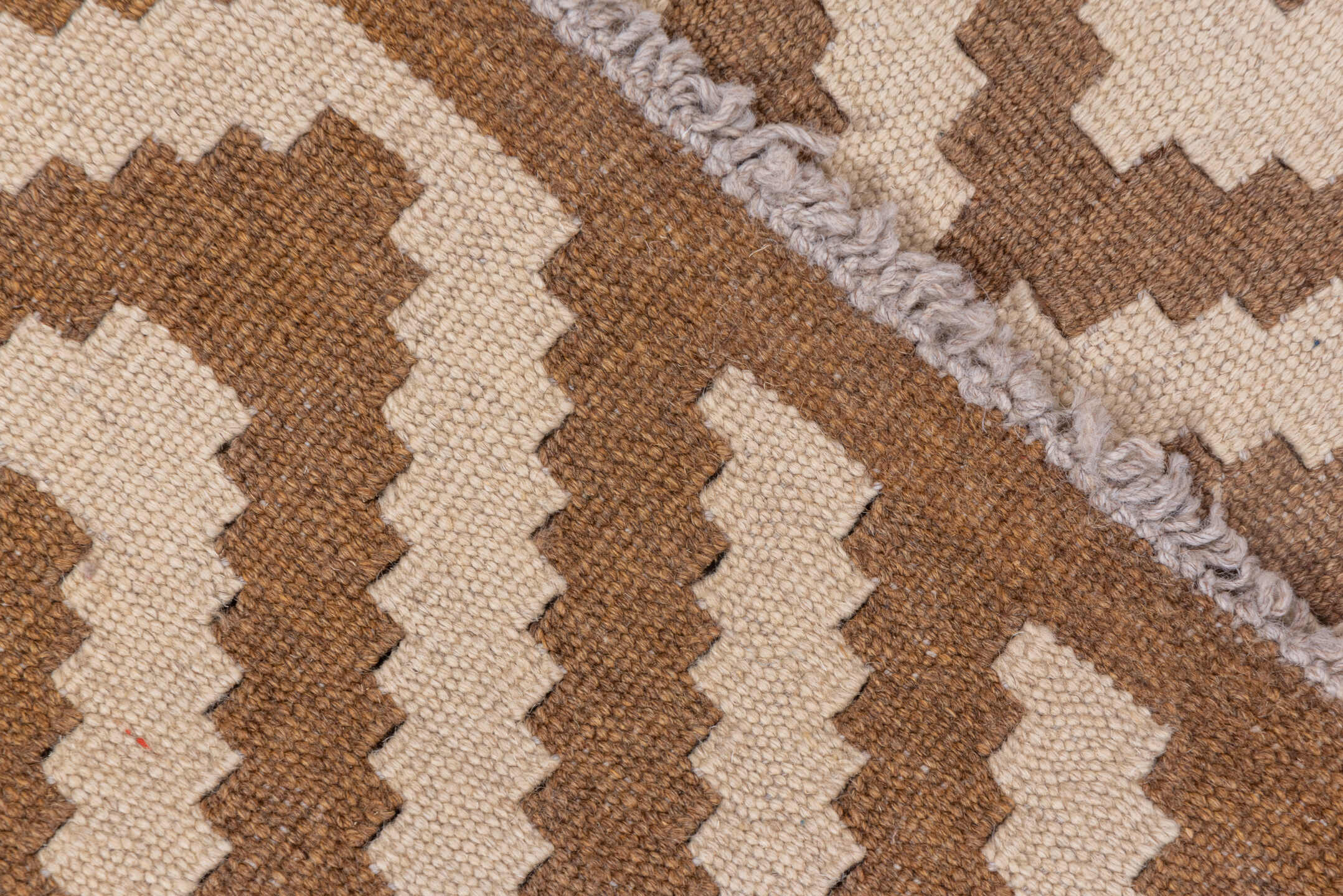 3' x 5' one-of-a-kind handmade vintage Kilim small size rug. Color palette: brown, gray, light gray, off-white, pink, snow