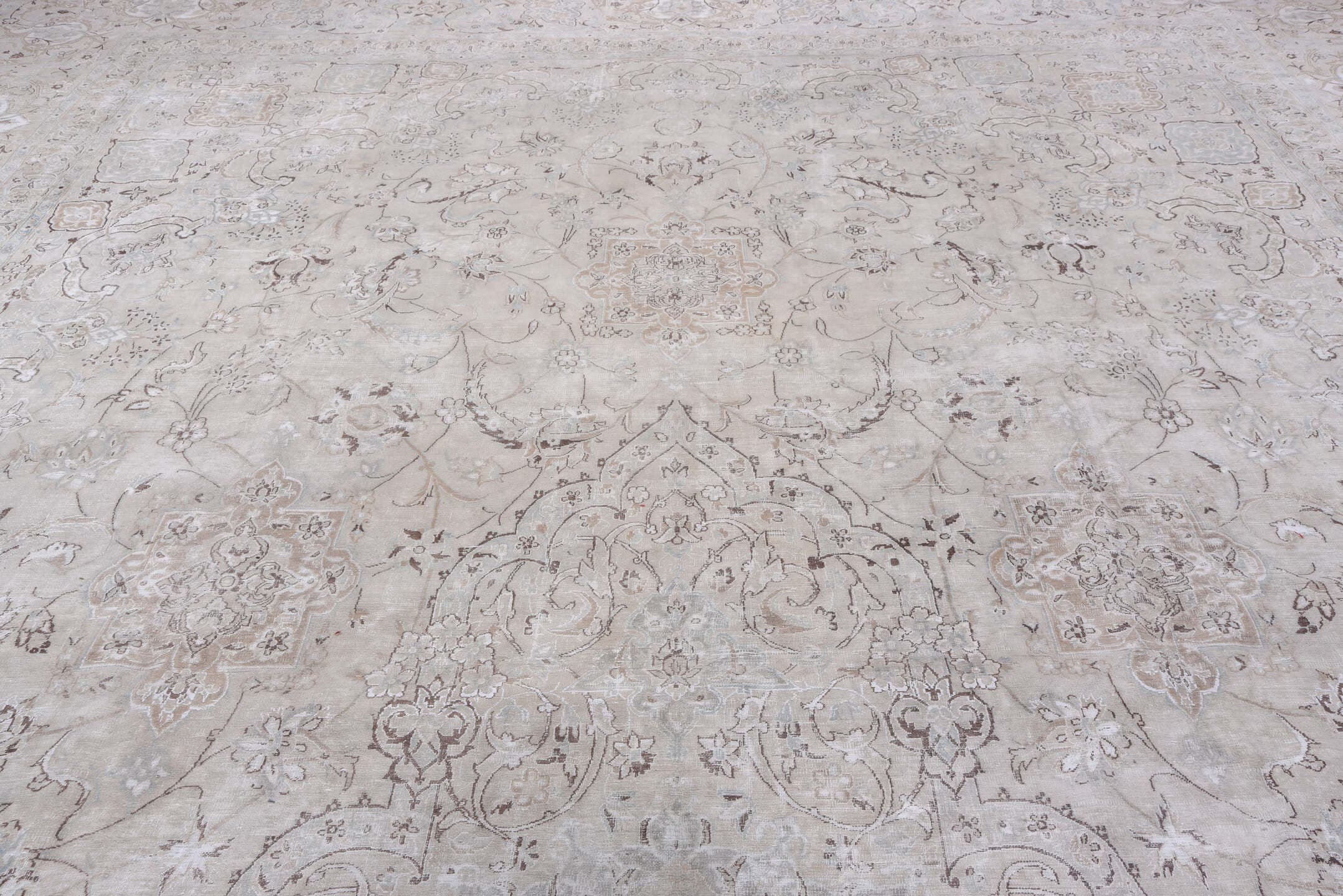 15' x 25' one-of-a-kind handmade vintage Sivas oversize rug. Color palette: ivory, blush, taupe, pale blue, cream, beige