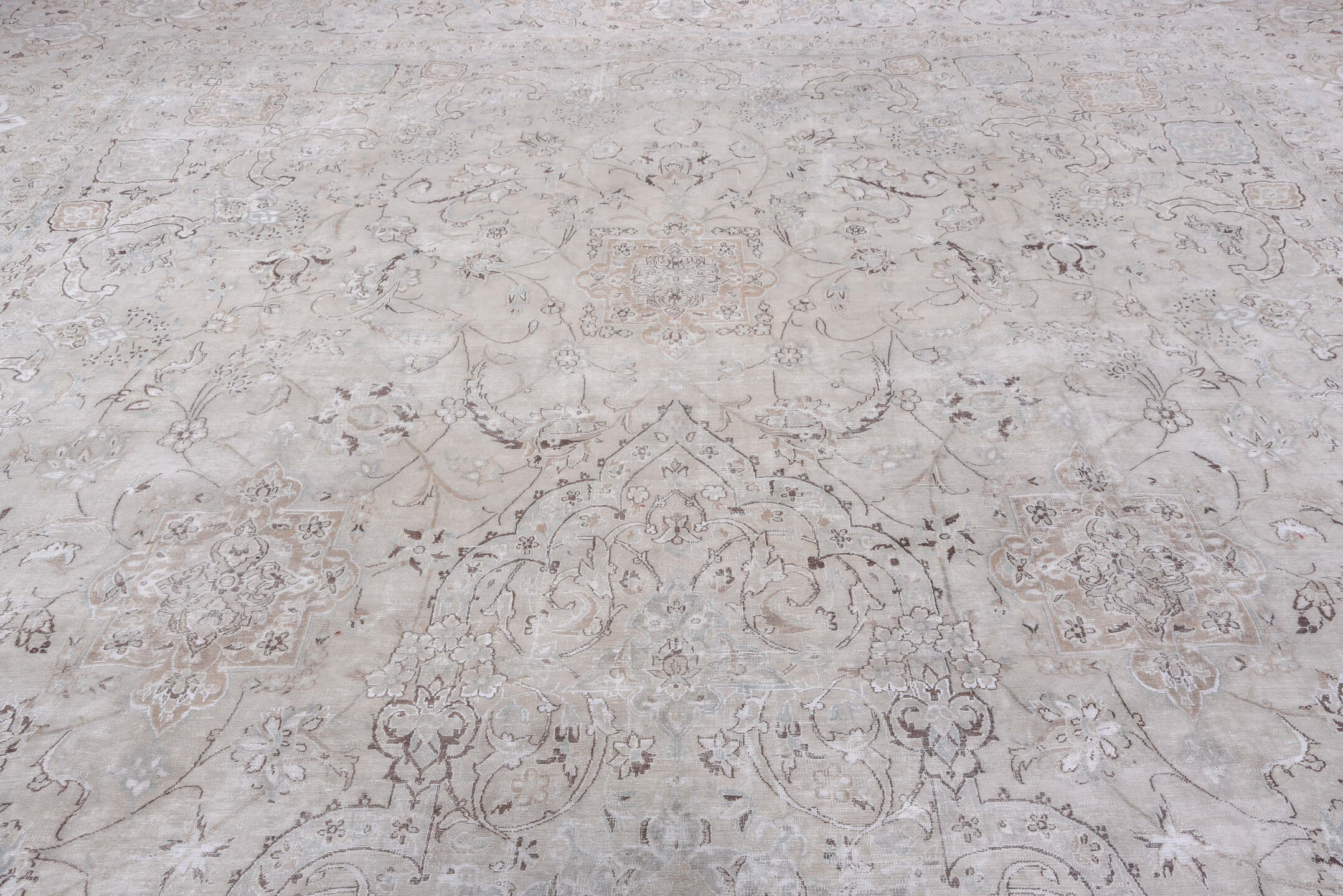 15' x 25' one-of-a-kind handmade vintage Sivas oversize rug. Color palette: ivory, blush, taupe, pale blue, cream, beige