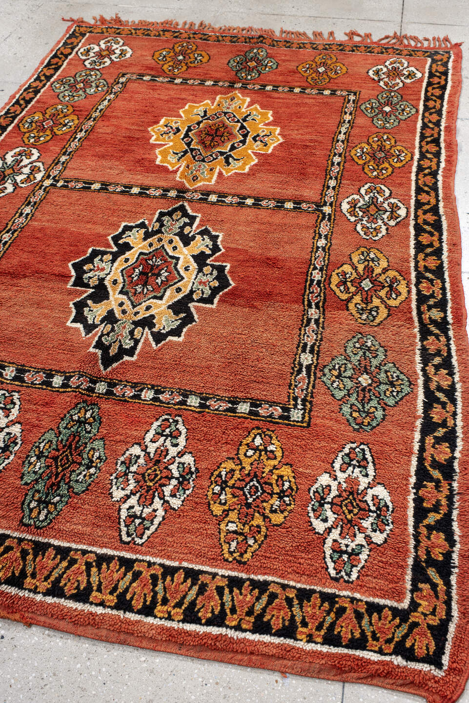 6' x 9' one-of-a-kind handmade vintage Moroccan medium size rug. Color palette: terracotta, black, ivory, gold, sage, rust