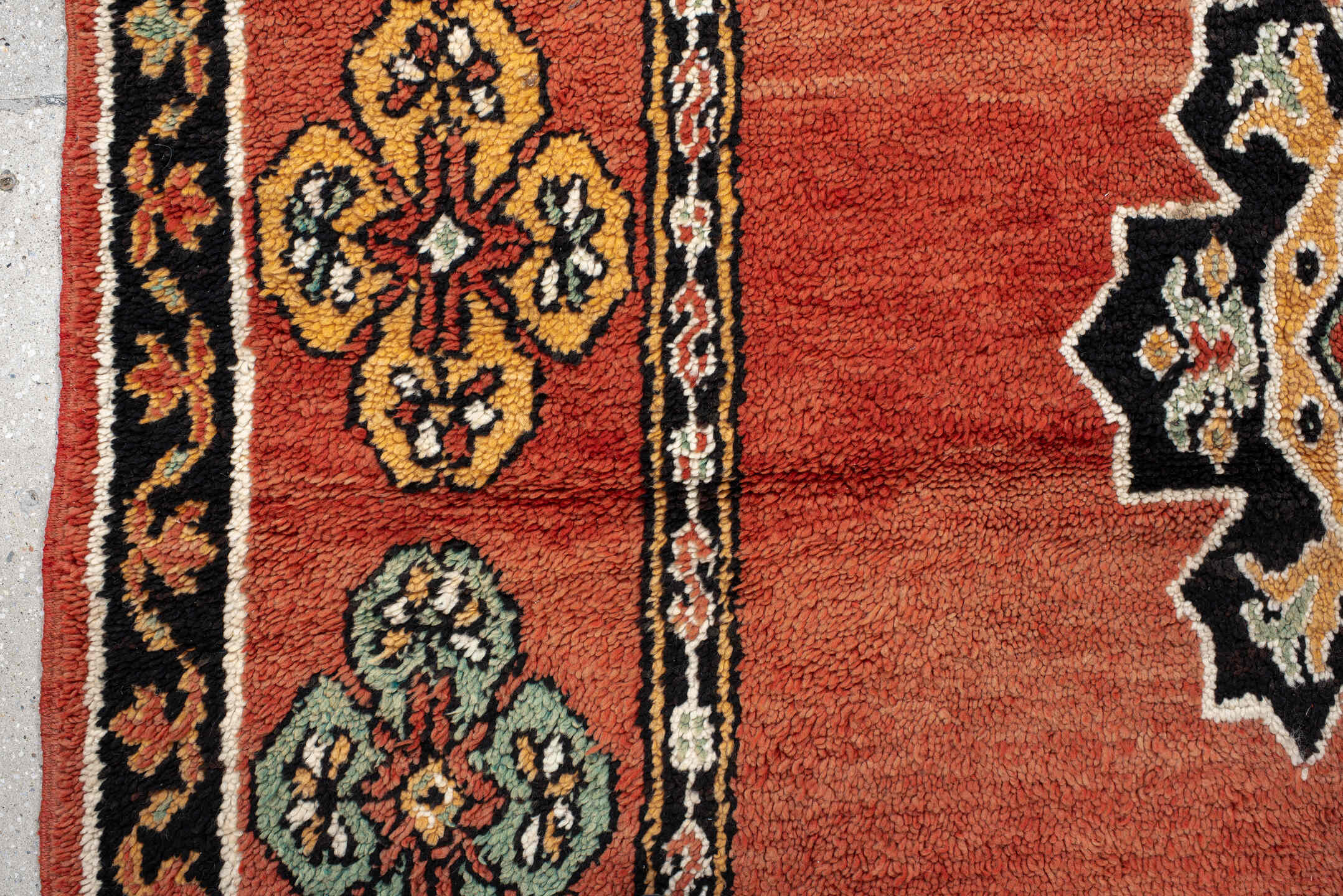 6' x 9' one-of-a-kind handmade vintage Moroccan medium size rug. Color palette: terracotta, black, ivory, gold, sage, rust